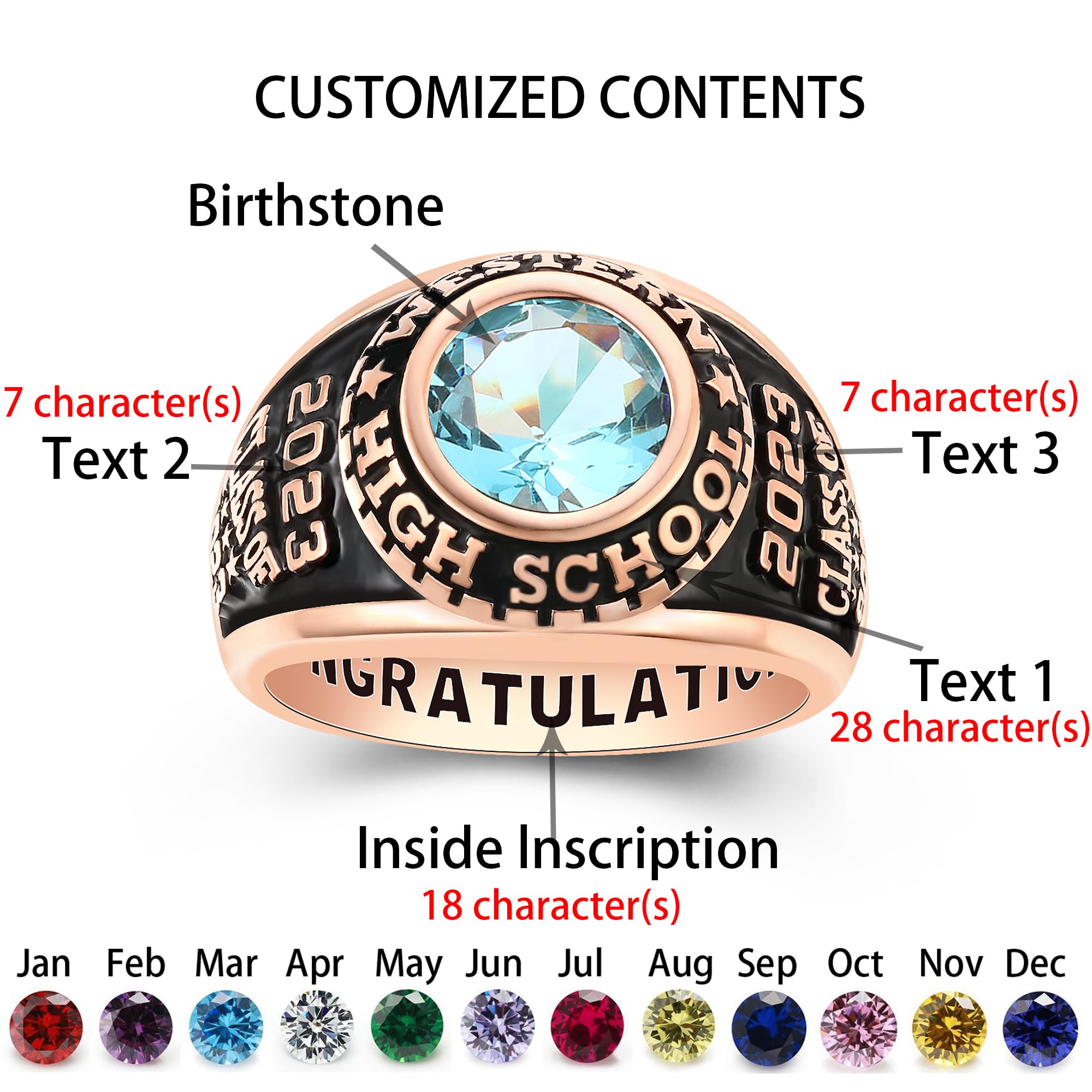 Custom Personalized Class Rings for Women - Gold Plated & 925 Sterling Silver High School & College Rings (Size 5-15) - Perfect for Graduation Gifts, School Spirit & Alumni Pride