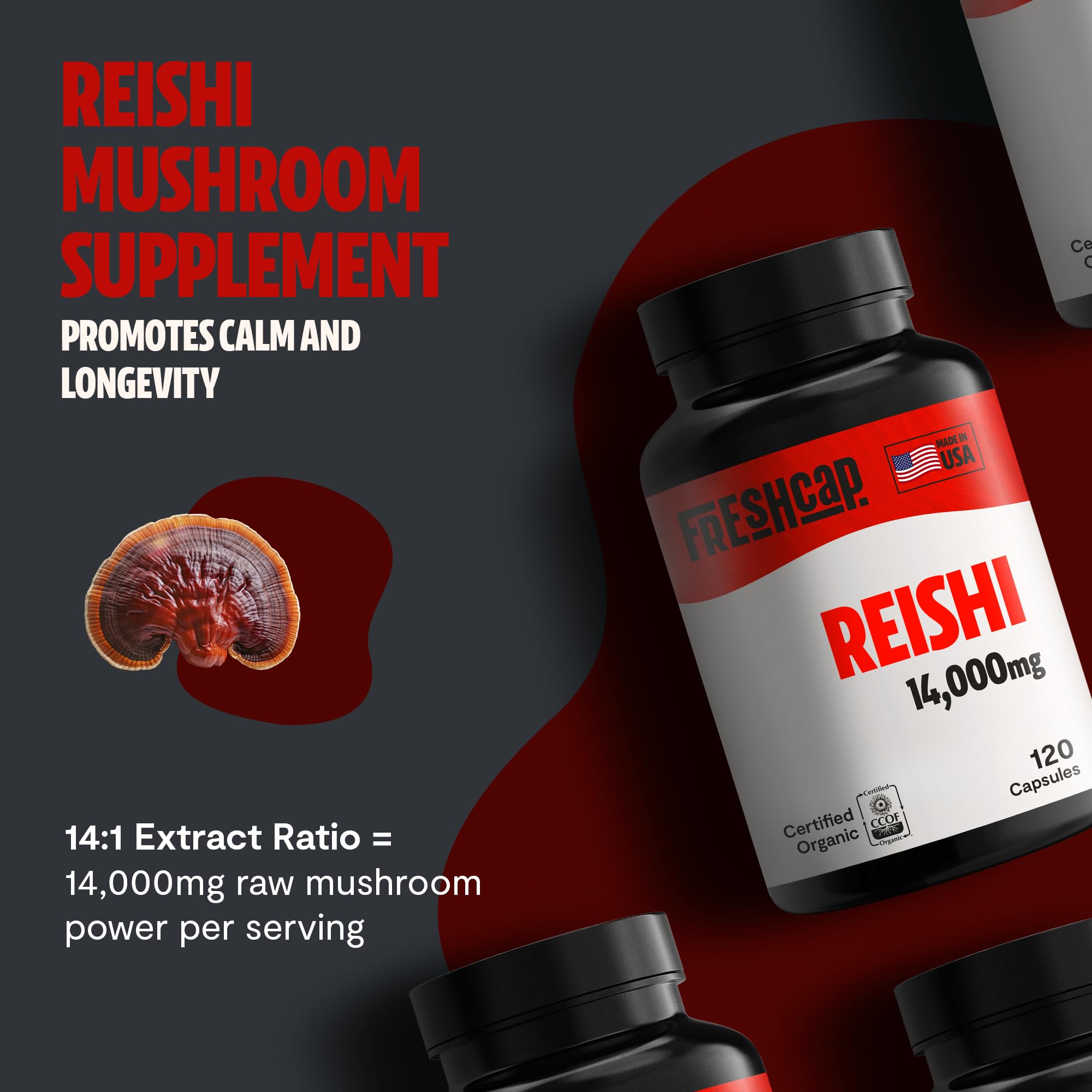 FreshCap Reishi Mushroom Supplement 14,000mg - Organic Reishi Mushroom Capsules with Mushroom Extract & Herbal Blend, Ayurvedic Nootropic Red Reishi for Immune Support & Stress Relief (120 Capsules) - Perfect for Daily Wellness & Cognitive Enhancement
