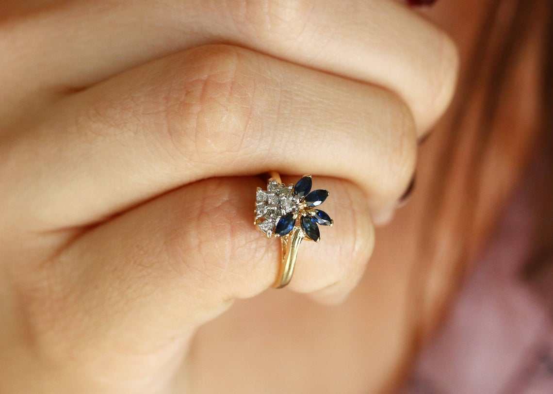 0.53tcw Vintage Sapphire & Diamond Dainty Ring 14K Gold - Elegant Engagement, Wedding, Anniversary Jewelry Gift for Women - Perfect for Romantic Occasions & Special Celebrations