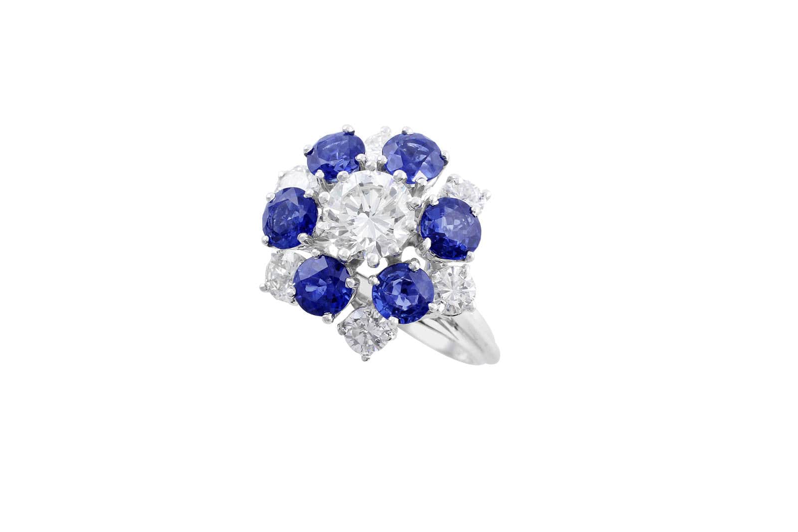 18K White Gold High Set Sapphire and Diamond Floral Engagement Ring for Women - Perfect for Weddings, Anniversaries & Special Occasions