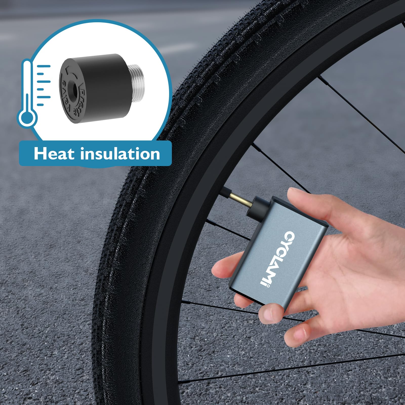 CYCLAMI Max 150/100 PSI Electric Bike Tire Pump with Gauge - Auto Stop, Presta & Schrader Valve, Type-C Rechargeable - Perfect for Road Bikes, Mountain Bikes & Commuting