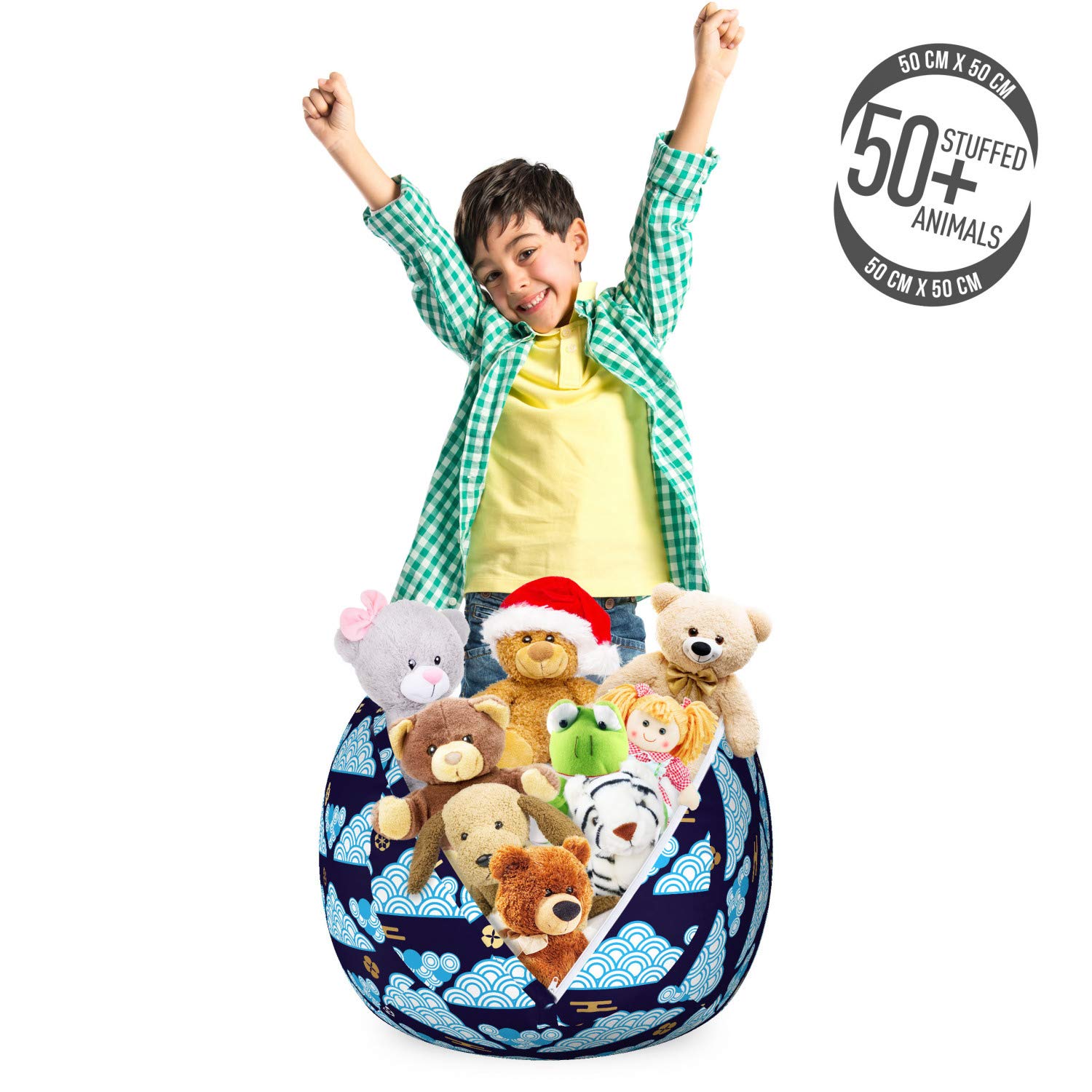 Ambesonne Japanese Style Storage Toy Bag Chair - Abstract Clouds & Geometric Shapes Pattern, Washable Stuffed Animal Organizer for Kids Room (Small Size, Indigo Blue) | Perfect for Nursery, Playroom & Bedroom Organization