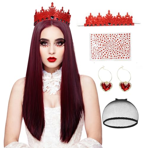 Deep Red Long Straight Wigs with 5pcs for Adult