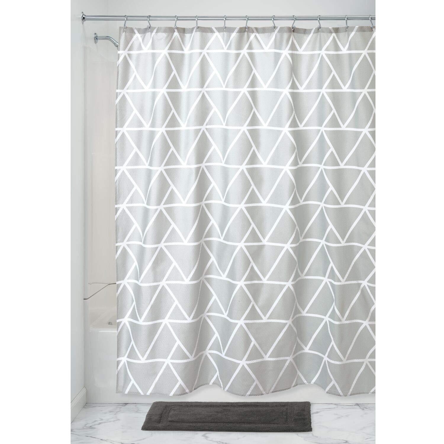 iDesign Connected Triangle Fabric Bathroom Shower Curtain - Waterproof Polyester Shower Liner with 12 Hooks, Modern Geometric Pattern for Bathroom Decor, Perfect for Home, Apartment, and Hotel Use