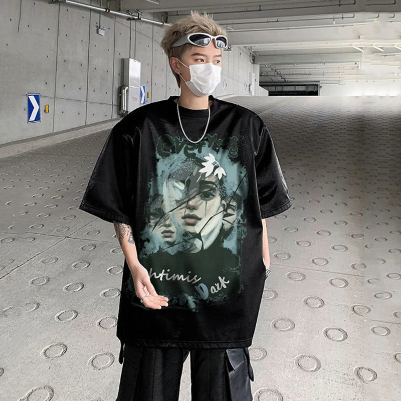 American Style Men's T-Shirts with Shoulder Pads & Cartoon Print - Round Neck Short Sleeve Casual Tees for Men | Trendy Streetwear for Everyday Wear, Parties, and Outings