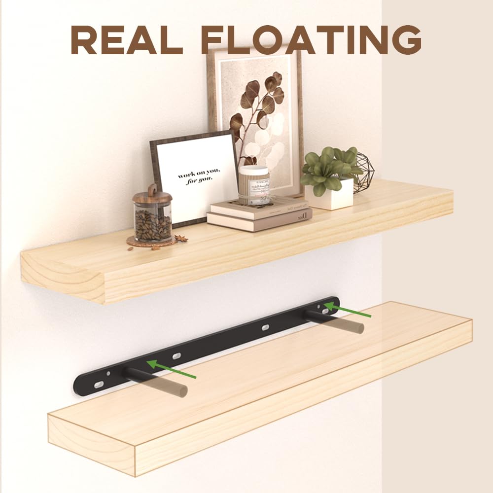 Habudda Floating Shelves Set of 2 - 30 Inch Rustic Wood Wall Shelves for Bathroom, Bedroom & Kitchen - Solid Wood Bookshelf with Invisible Brackets - Natural Varnished Home Decor for Plants, Photos & Display (Perfect for Small Space Organization & Stylish Home Decor)