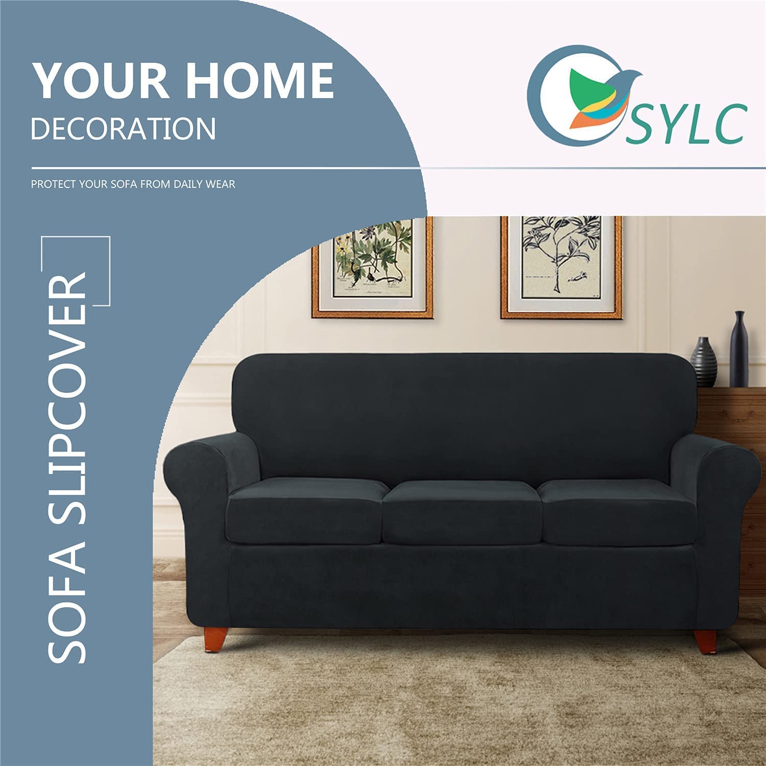Velvet Stretch Sofa Slipcover with Separate Seat Cushion Covers - Super Soft Non-Slip Couch Cover Furniture Protector with Elastic Bands for 3-Seater Sofa (Black) | Perfect for Living Room, Home Decor & Furniture Protection