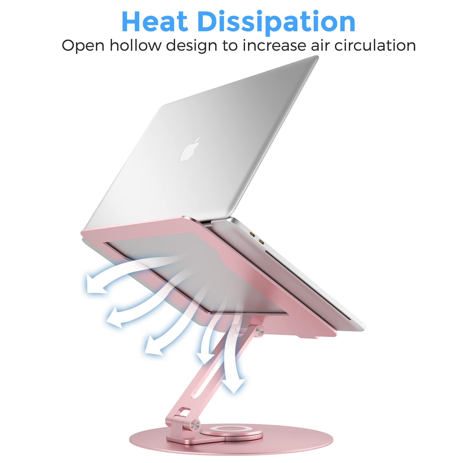 Swivel Laptop Stand for Desk - Adjustable Height, 360° Rotating Base, Foldable Ergonomic Riser, Portable Aluminum Holder for MacBook & All 10-17'' Laptops, Pink - Perfect for Home Office & Remote Work