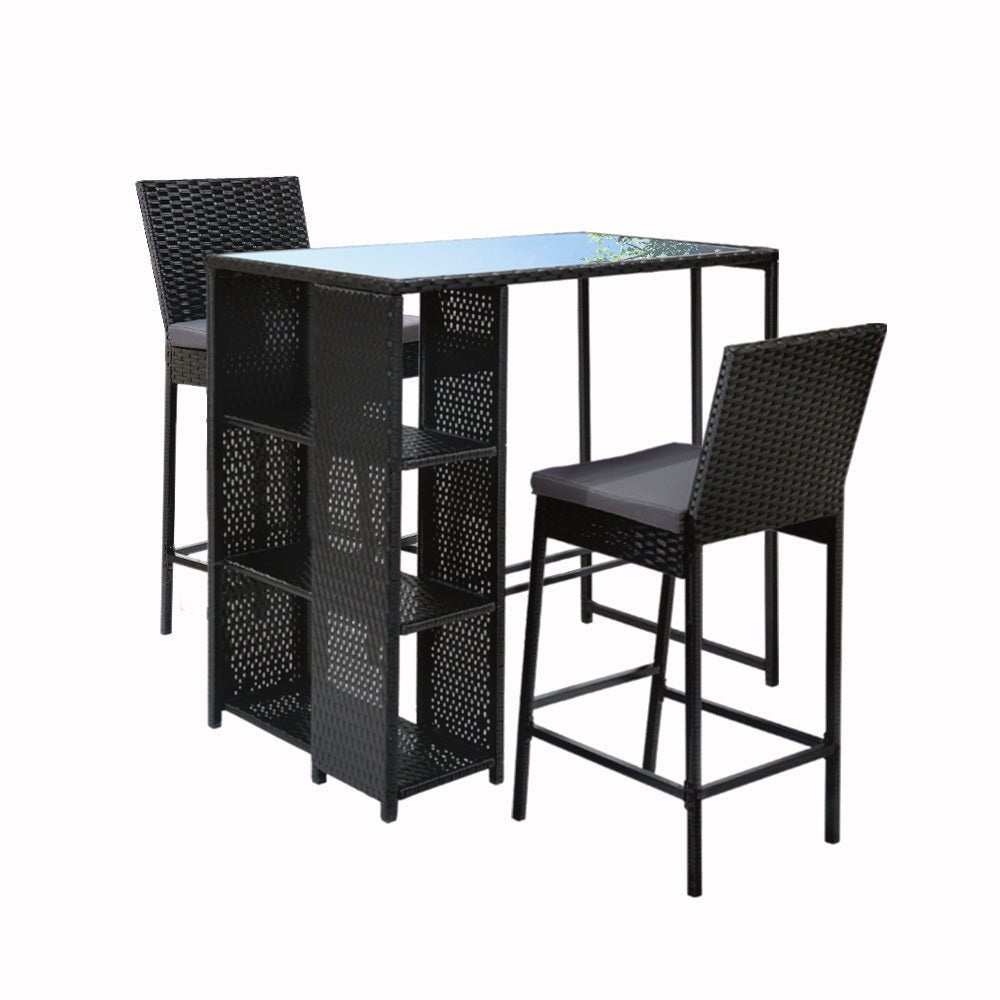 3-Piece Outdoor Bar Set - Patio Dining Chairs with Wicker Table & Stools for Backyard, Garden, Poolside or Deck Relaxation