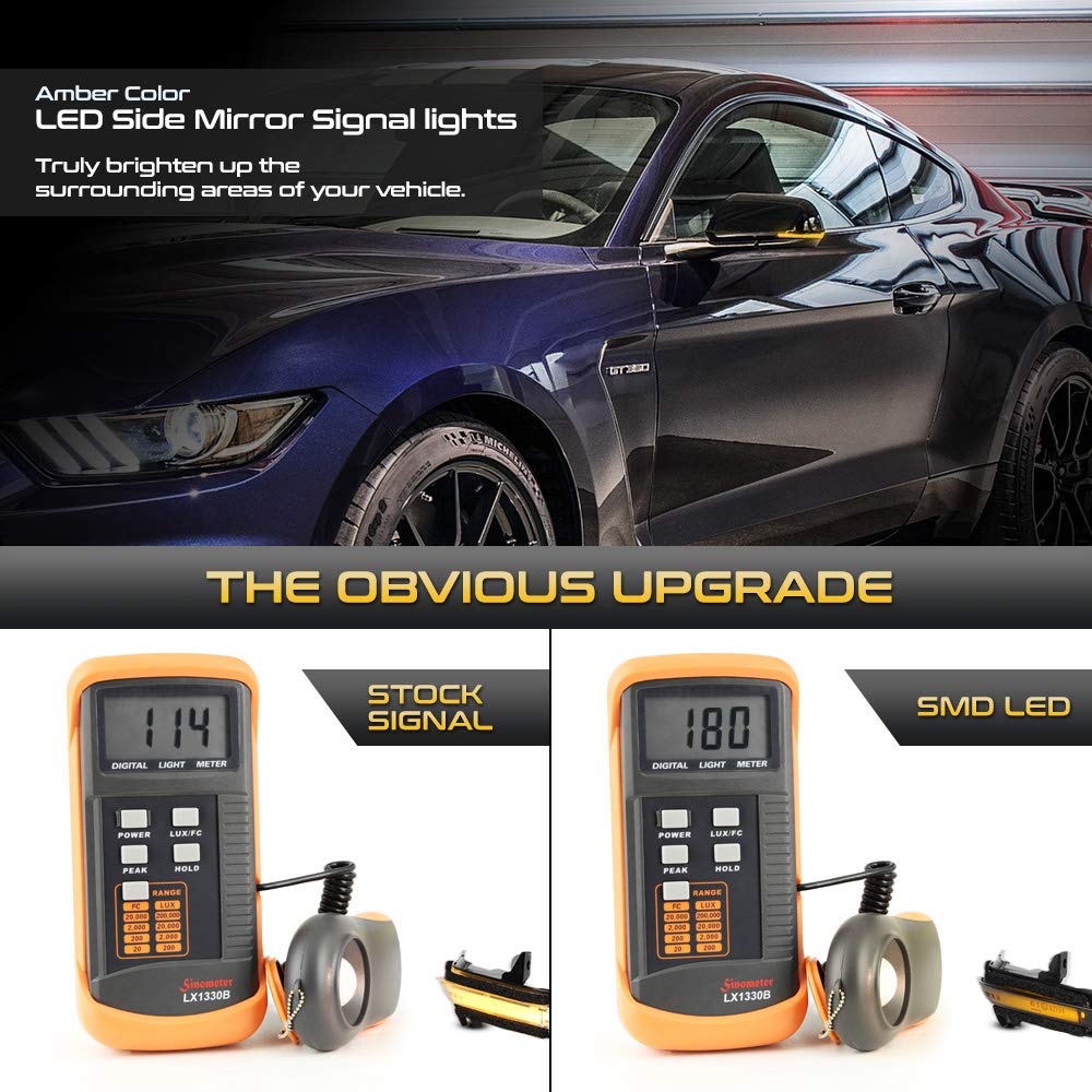 2015-2022 Ford Mustang S550 Sequential LED Turn Signal Lights - Dark Smoke Amber Side Mirror Blinker Replacement for Driver & Passenger Side | Enhanced Visibility & Modern Style for Night Driving & Custom Car Upgrades