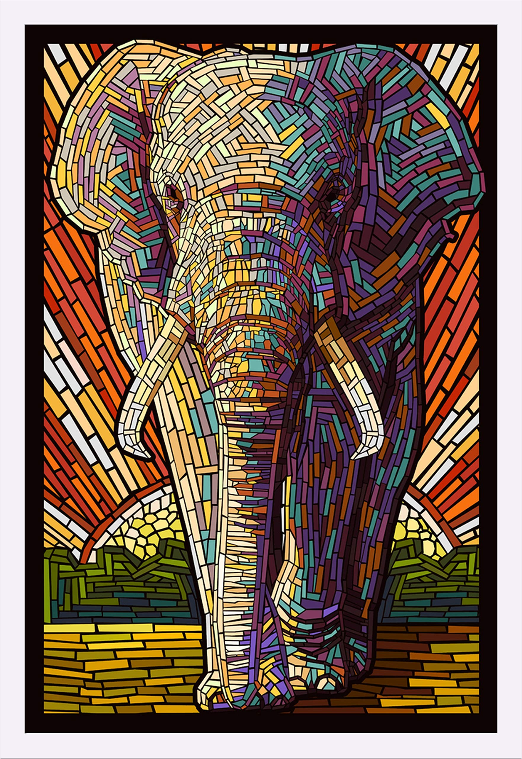African Elephant Paper Mosaic Art Print - 24x36 Giclee Wall Decor with White Wood Gallery Frame - Perfect for Living Room, Office & Nursery Decor
