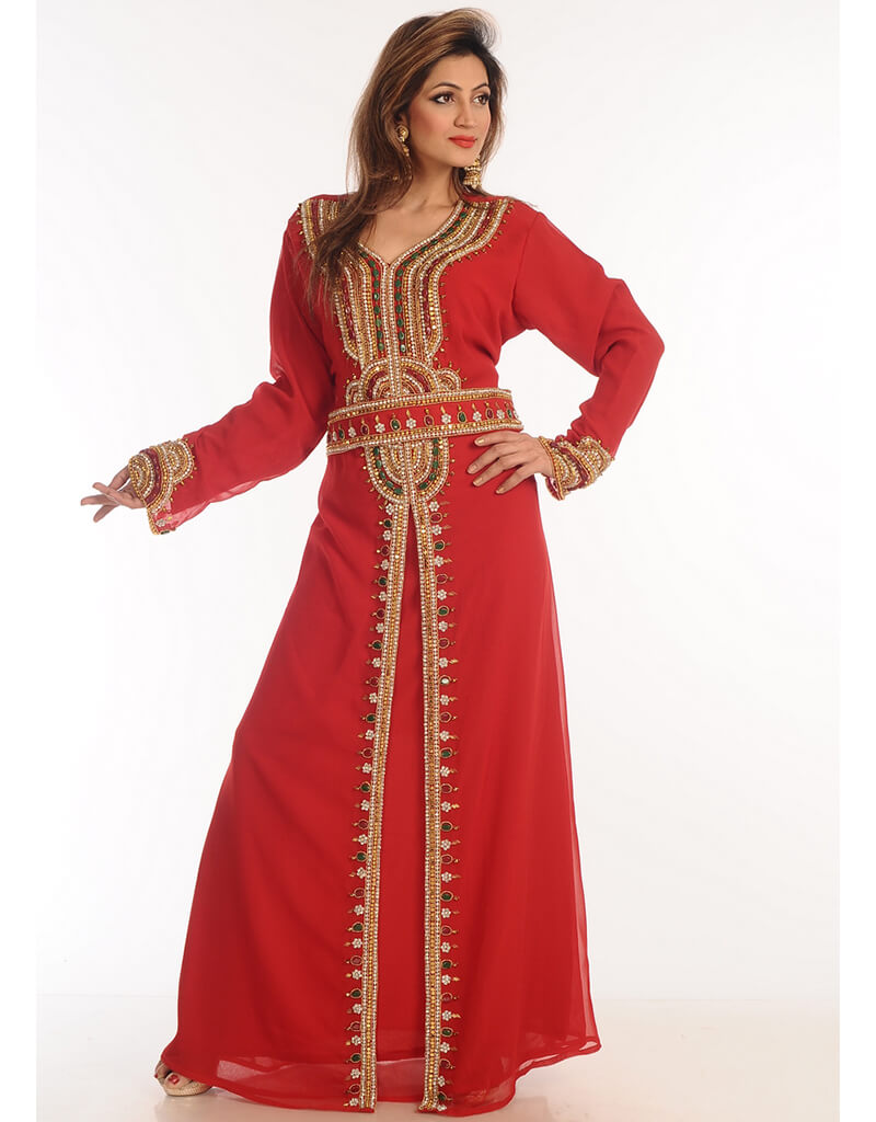 Elegant Arabic Red Georgette Kaftan with Hand Zari Embroidery - Perfect for Weddings, Parties & Special Occasions