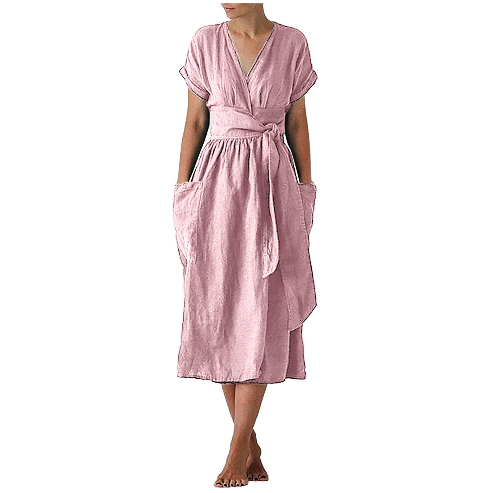 Women's Summer Cotton Linen Midi Sundress - Sexy V-Neck Tie Waist Short Sleeve Dress for Casual, Cocktail & Beach Wear | Flowy Boho Chic Dress for Vacation, Date Night & Outdoor Events