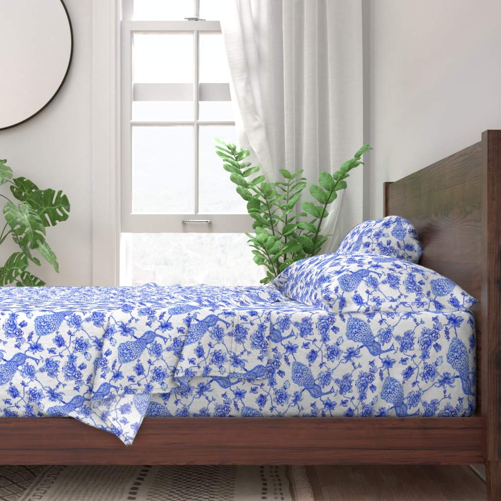 100% Cotton Twin Sheet Set - 3pc Chinoiserie Peacock Floral Blue White Bird Asian Toile Print Custom Bedding | Soft & Breathable for Comfortable Sleep | Perfect for Guest Room, Dorm, or Master Bedroom