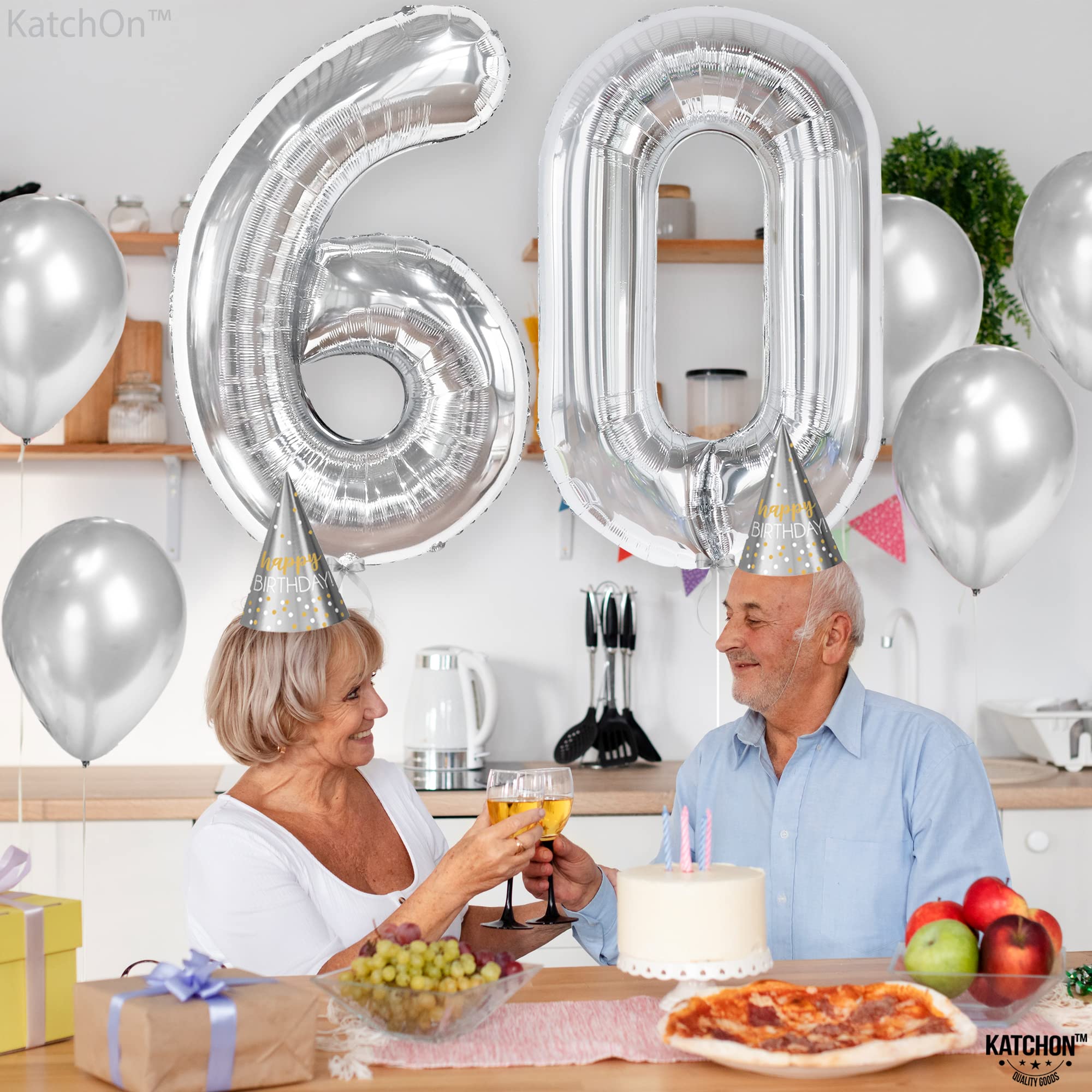 KatchOn 40 Inch Large Silver 60 Number Balloons - 60th Birthday Party Decorations, Anniversary Celebration Balloons for Backdrop, Photo Booth & Milestone Events