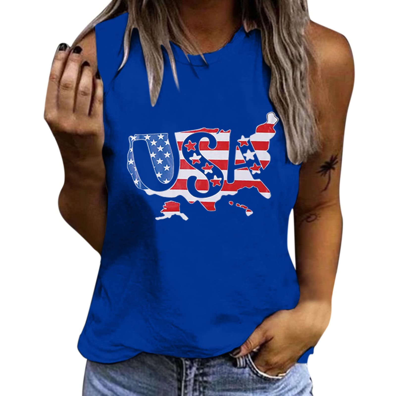 ZDFER Women's Patriotic Floral Print Sleeveless Crew Neck Vest T-Shirt - 4th of July Tee for Summer, Independence Day Outfits, BBQ Parties & Festive Celebrations