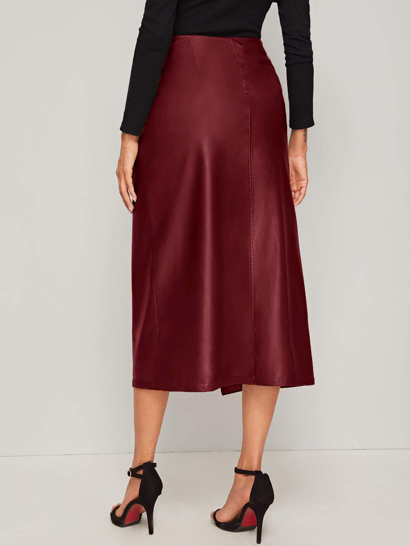 SweatyRocks Women's High Waist PU Leather Midi Skirt - Elegant Tie Knot Wrap Design for Office, Party & Date Night Outfits