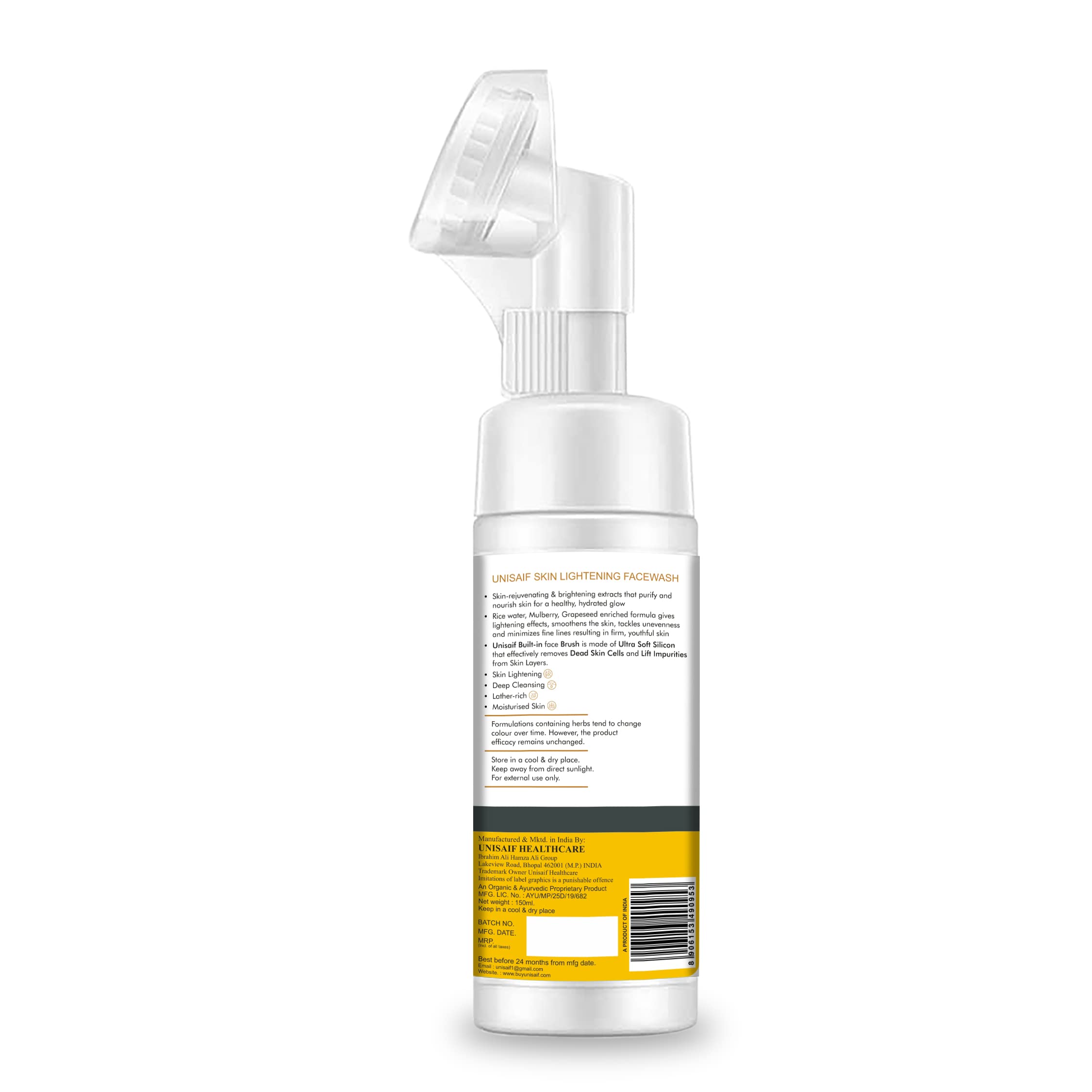 Unisaif Vitamin C Foaming Face Wash with Soft Brush - Brightening Cleanser for Women & Men | Pigmentation Treatment for Combination Skin | 150ml | Perfect for Daily Skincare Routine & Acne-Prone Skin Care