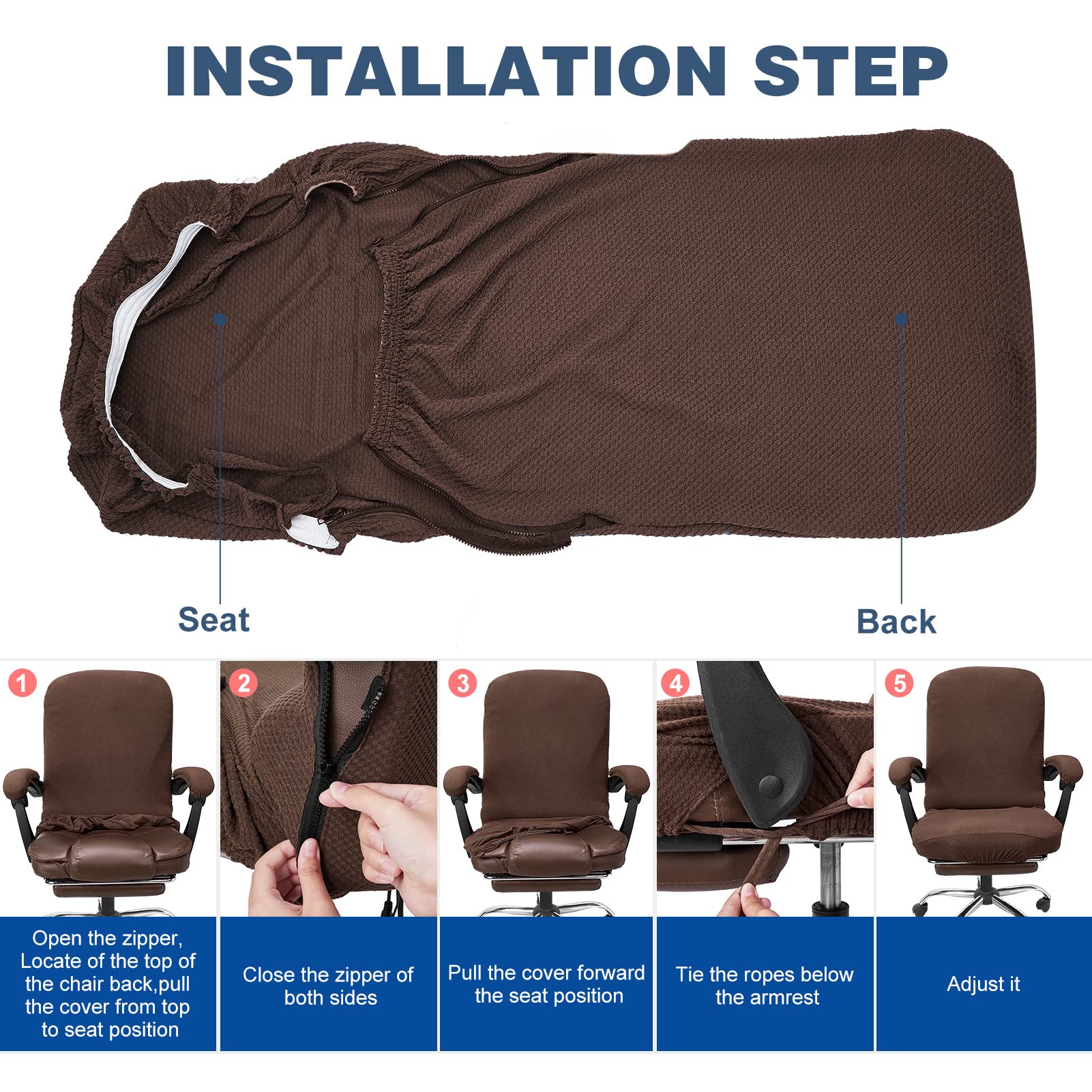 Stretchable Office Chair Cover with Armrest Covers - Thick Checked Jacquard High Back Seat Protector for Universal Rotating Chairs (Large Size, Coffee Brown) - Perfect for Home Office, Gaming & Conference Room Use