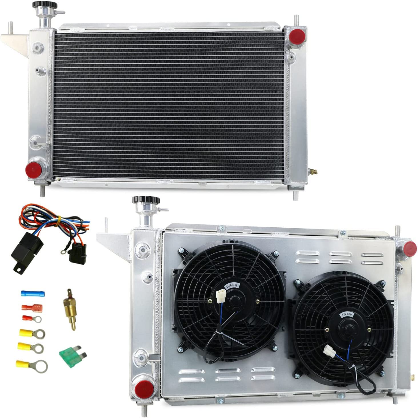 High-Performance Aluminum Radiator for Ford Mustang V6 V8 3.8L 5.0L (1994-1996) - 3 Row Cooling System with Electric Fan Shroud & Thermostat Kit - Perfect for Racing, Daily Driving & Engine Upgrades