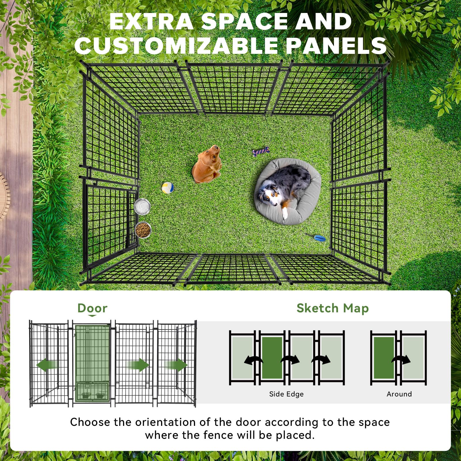 Heavy Duty Welded Steel Outdoor Dog Kennel for Large Dogs - Secure Lock Playpen Fence with Waterproof Roof Cover & 2 Rotating Bowls (Small/Medium/Large Dogs) - Perfect for Backyard, Camping & Pet Training