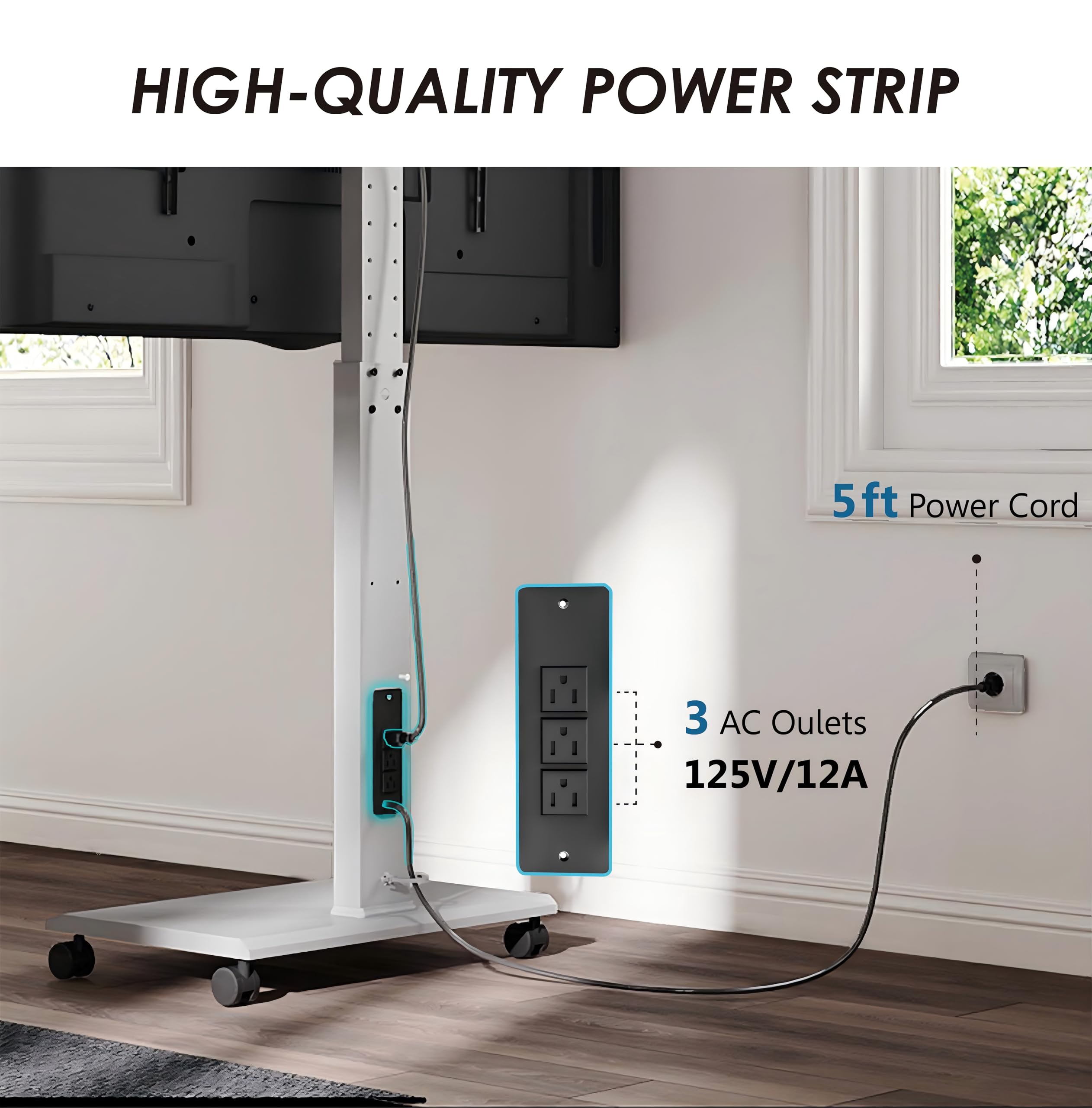 FITUEYES Rolling TV Stand with Built-in Power Outlet - Adjustable Mobile TV Cart for 32-75 Inch Screens (Max VESA 400x600mm, 88 Lbs Capacity) - Swivel ±20°, Rotate Landscape to Portrait, Height Adjustable - Perfect for Living Rooms, Bedrooms, Offices & Home Theaters