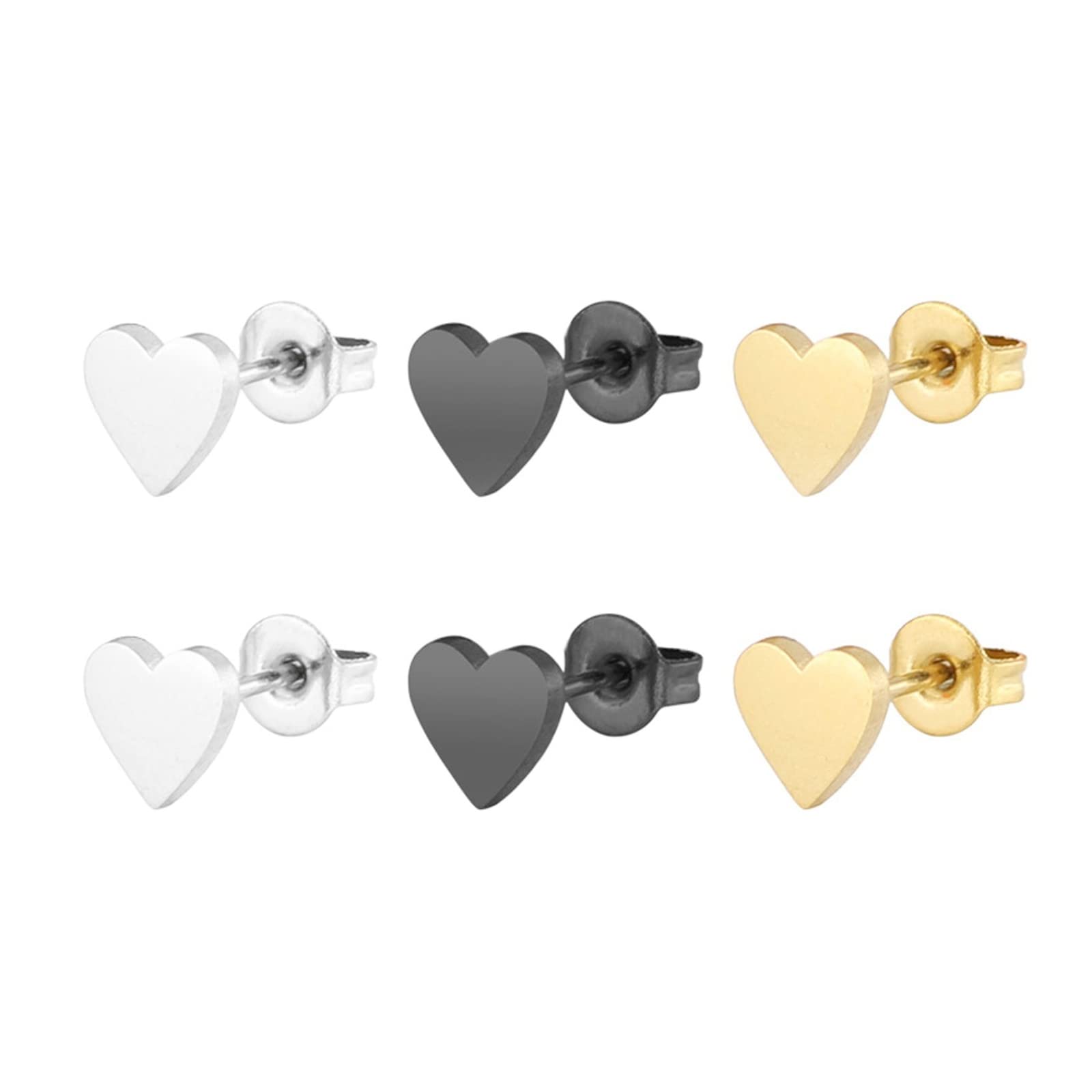 Titanium Stud Earrings for Women - Silver, Black & Gold Heart Studs (3 Pairs, 6/8mm) | Hypoallergenic, Lightweight Jewelry for Everyday Wear & Special Occasions