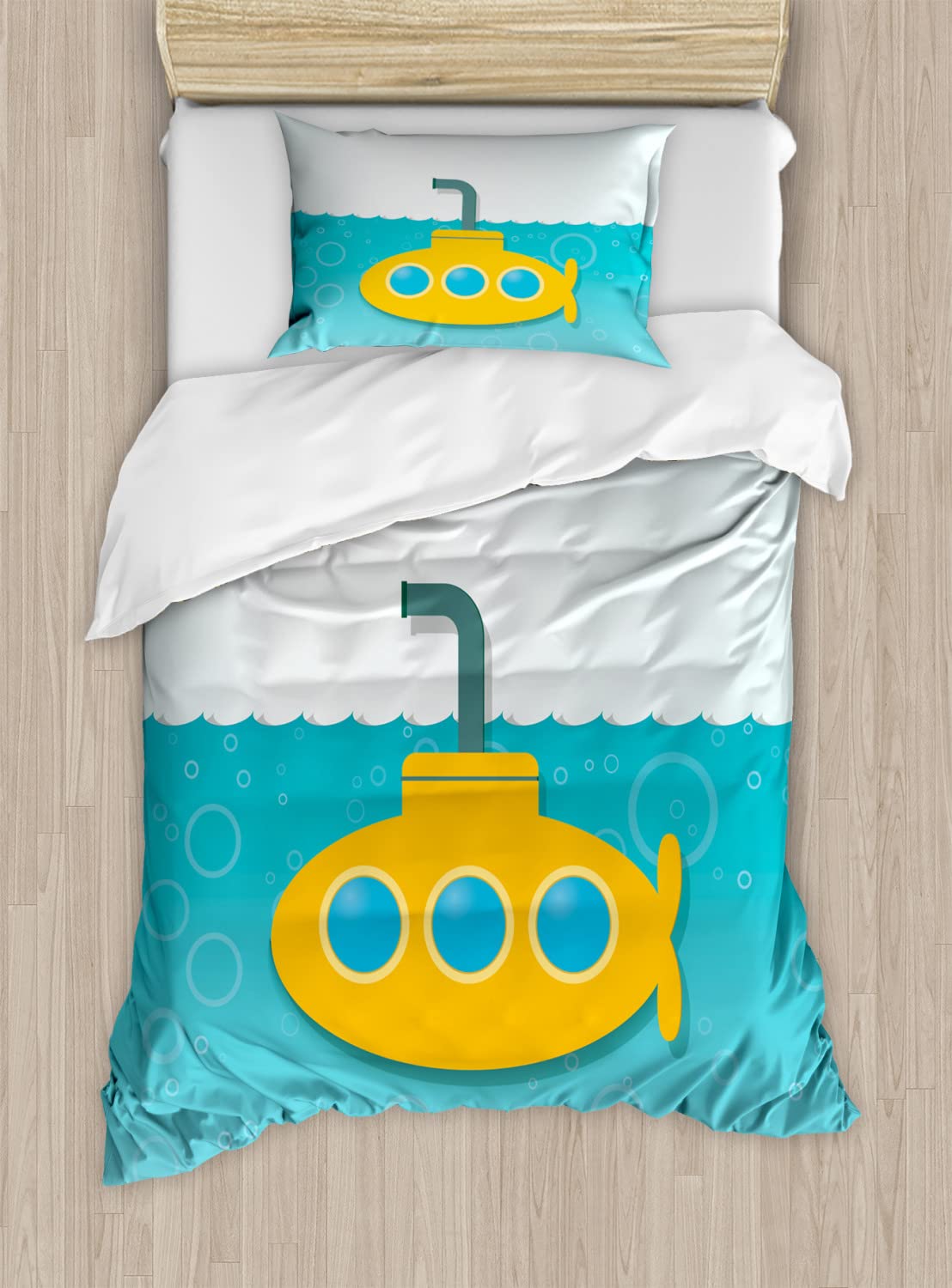 Ambesonne Yellow Submarine Duvet Cover Set - King Size 2-Pack with 2 Duvet Covers & 4 Pillowcases | Underwater Submarine & Bubbles Design in Earth Yellow & Pale Blue | Perfect for Nautical Themed Bedrooms, Kids' Rooms & Beatles Fans