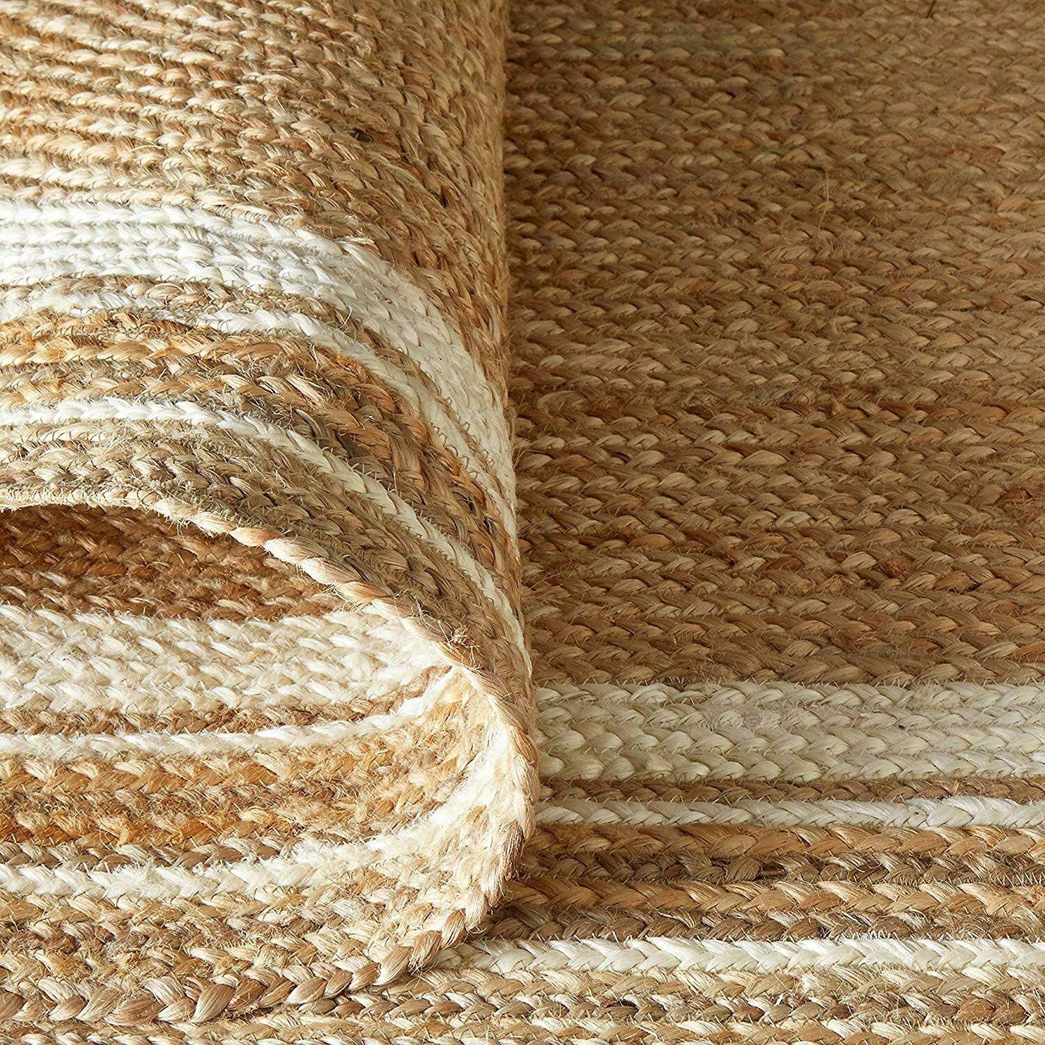 Vipanth Natural Jute Round Area Rug - 7ft Hand Braided Beige with White Line - Eco-Friendly Home Decor for Living Room, Bedroom & Boho Style Spaces