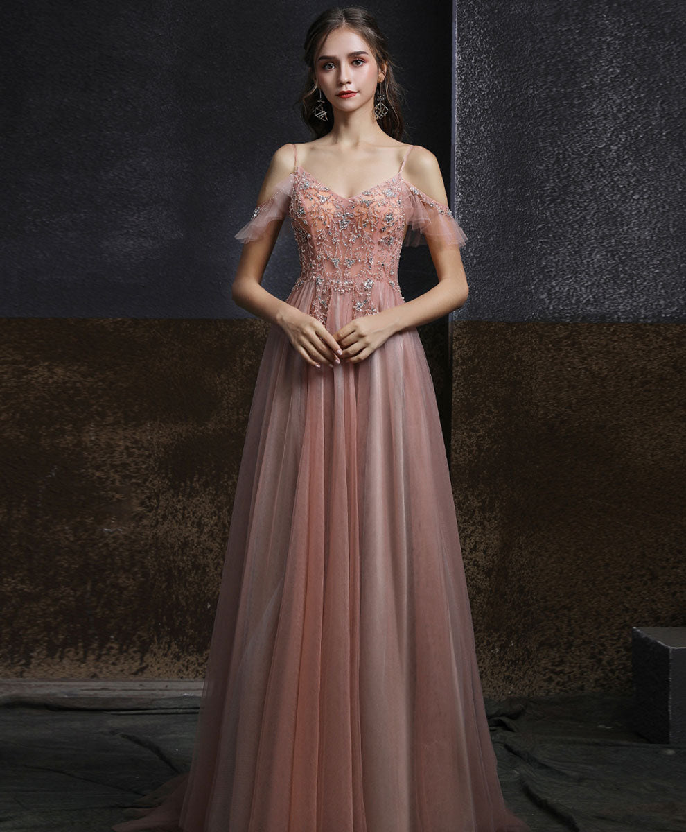 Elegant Pink V-Neck Tulle Beaded Long Prom Dress for Women | Formal Graduation Gown | Perfect for Homecoming, Ball, and Special Occasions