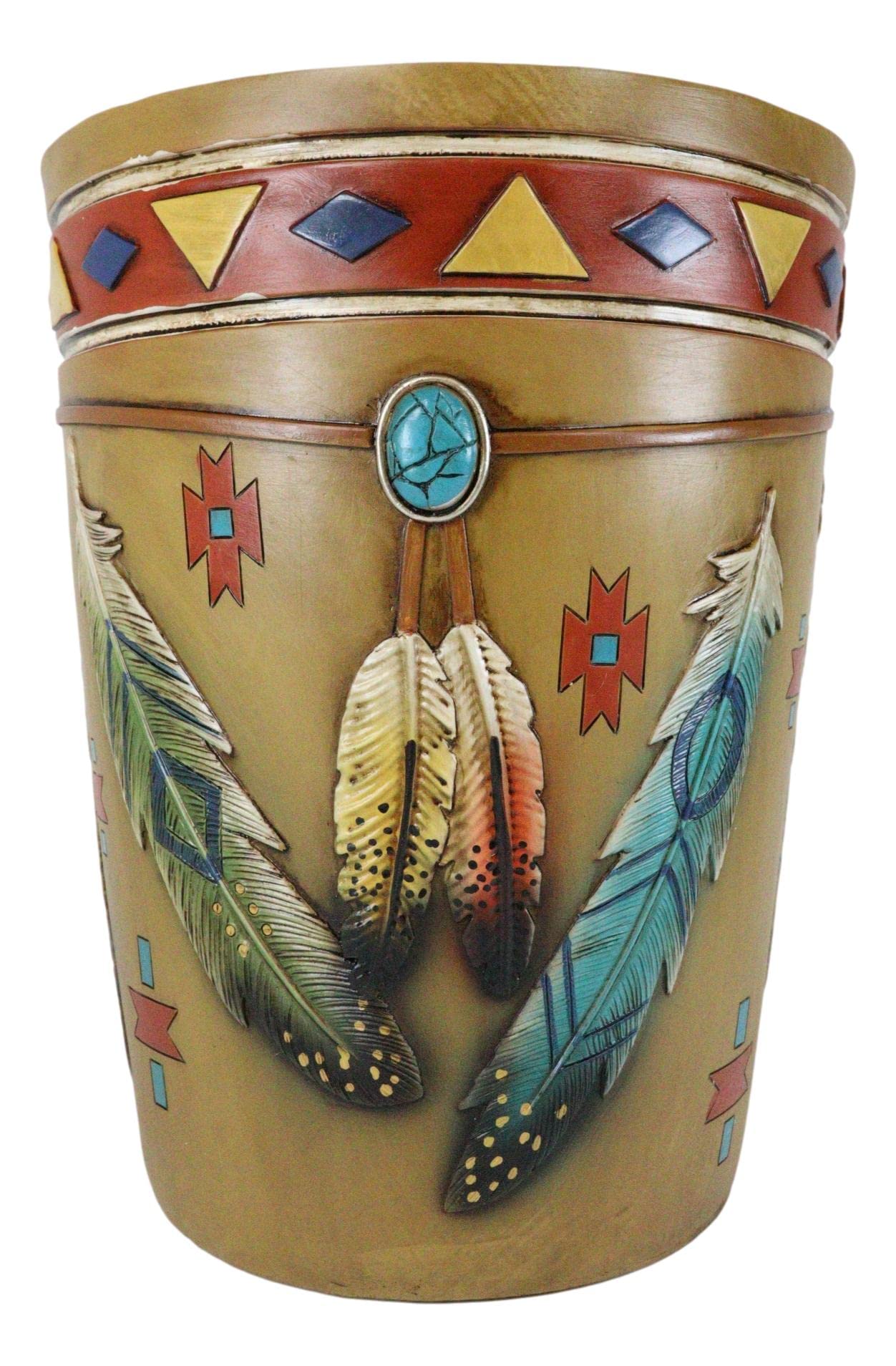Ebros Handcrafted Southwestern Tribal Native American Indian Dream Catcher Waste Bin - Colorful Feathers & Crackled Turquoise Stone Design for Bathroom, Vanity, or Home Decor | Dry Waste Basket & Accent Figurine | Perfect for Southwestern, Boho & Native American Style Interiors