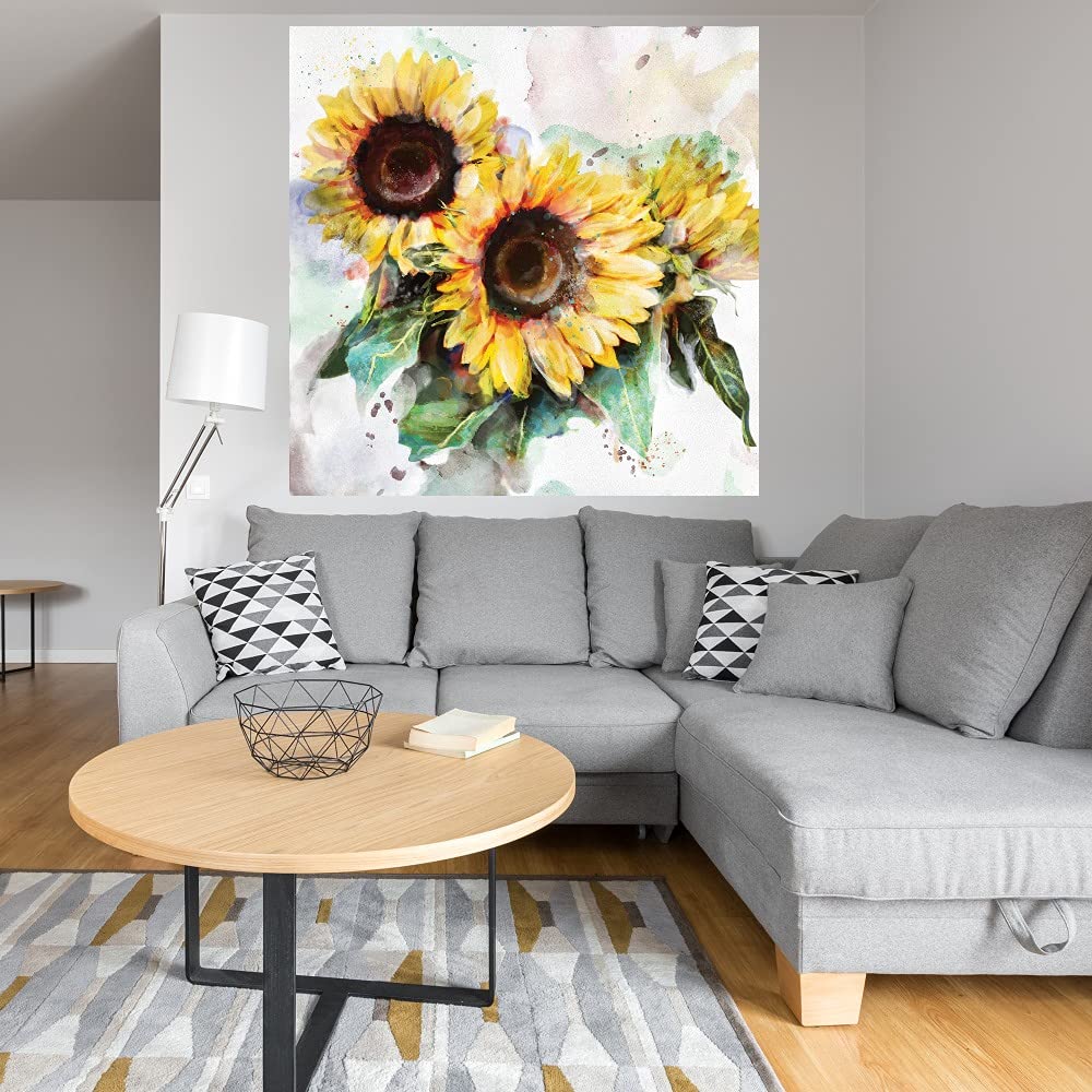 Sunflower Trio Canvas Wall Art - Hand Painted Floral Decor for Living Room, Bedroom, Office - Ready to Hang 22x22 Inch - Perfect for Home, Kitchen & Dining Room Decor