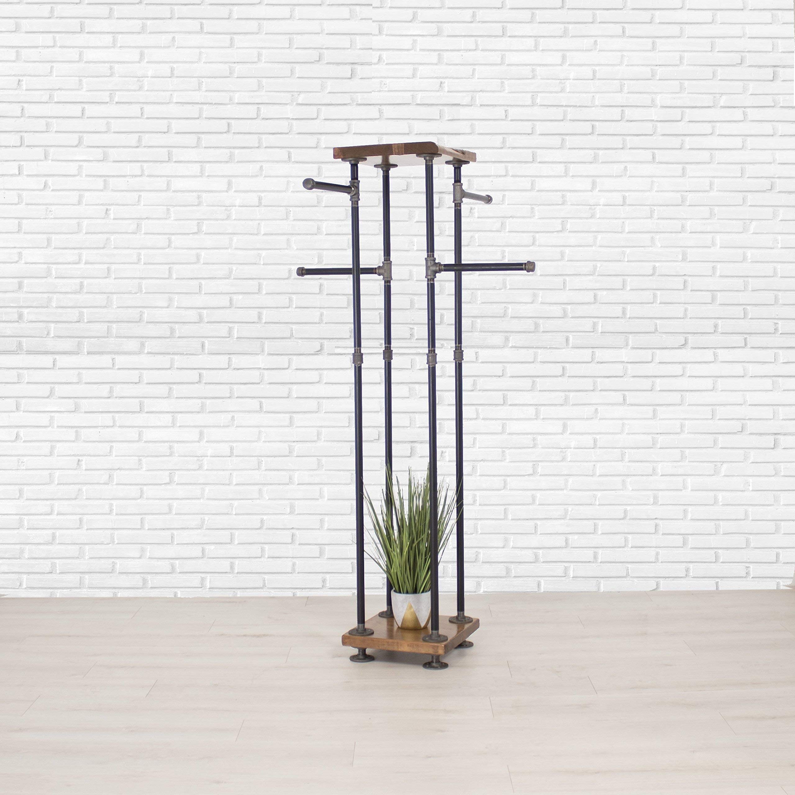 4-Way Industrial Pipe & Wood Garment Rack - Heavy Duty Clothing Storage Organizer with Display Shelf for Bedroom, Closet, Boutique & Retail Store