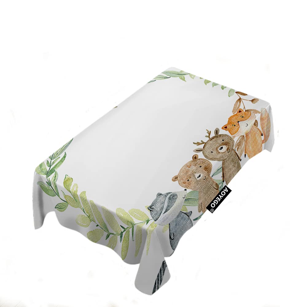 AOYEGO Watercolor Woodland Animals Rectangle Tablecloth - 60x104 Inch Polyester Table Cover with Foliage Wreath, Deer, Fox & Bear Design for Indoor/Outdoor Picnic, Party, Dinner - Perfect for Rustic Weddings, Garden Tea Parties & Cozy Family Gatherings