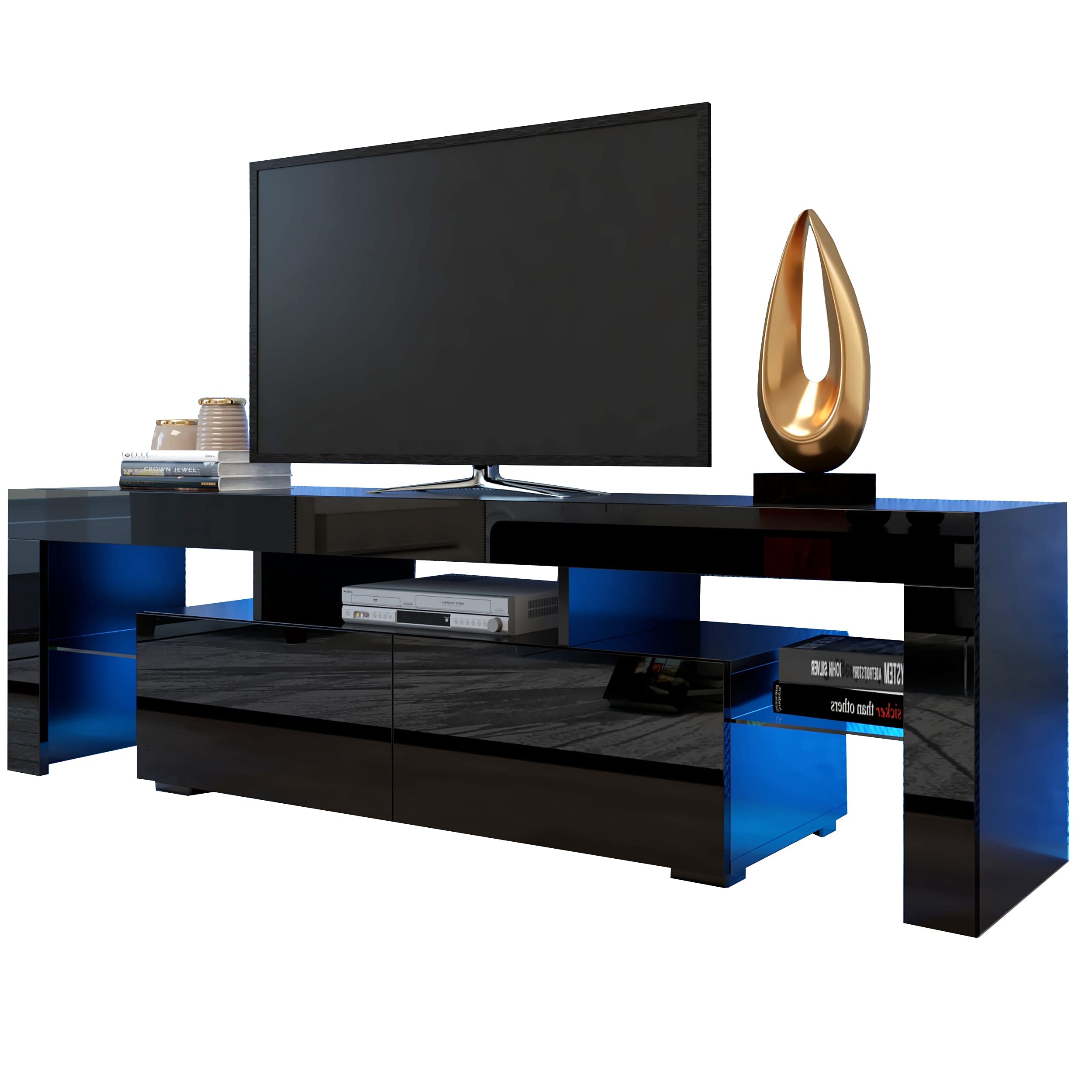 63 Inch High Glossy Modern TV Stand with LED Lights - 16 Color Changing TV Cabinet with 2 Storage Drawers - Entertainment Center for 70 Inch TVs - Black Living Room Furniture for Home Theater & Gaming Setup