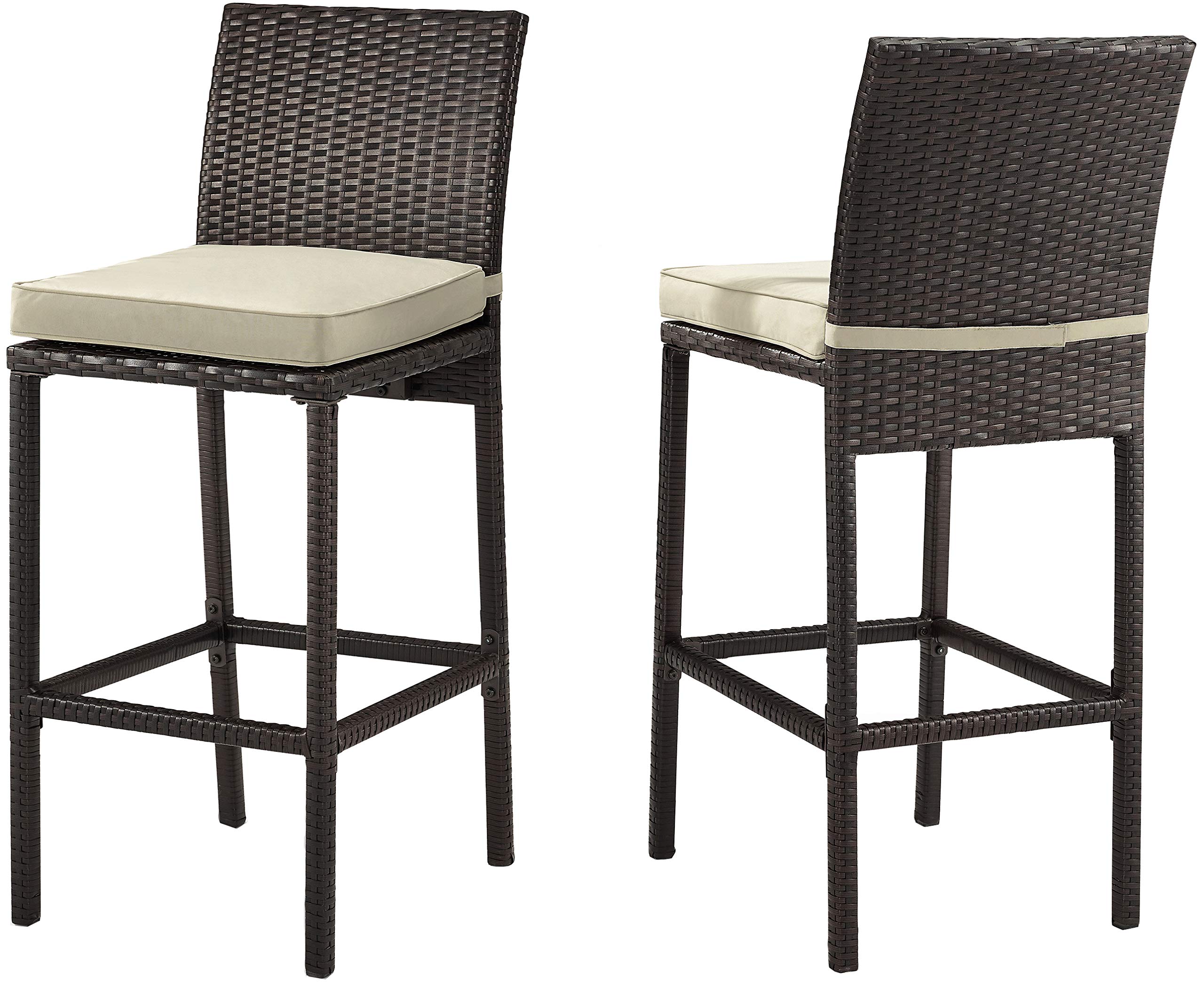 Crosley Furniture Palm Harbor Wicker Outdoor Bar Stools - Set of 2, Brown with Sand Cushion - Patio, Backyard & Balcony Furniture for Outdoor Dining, Lounging & Entertaining