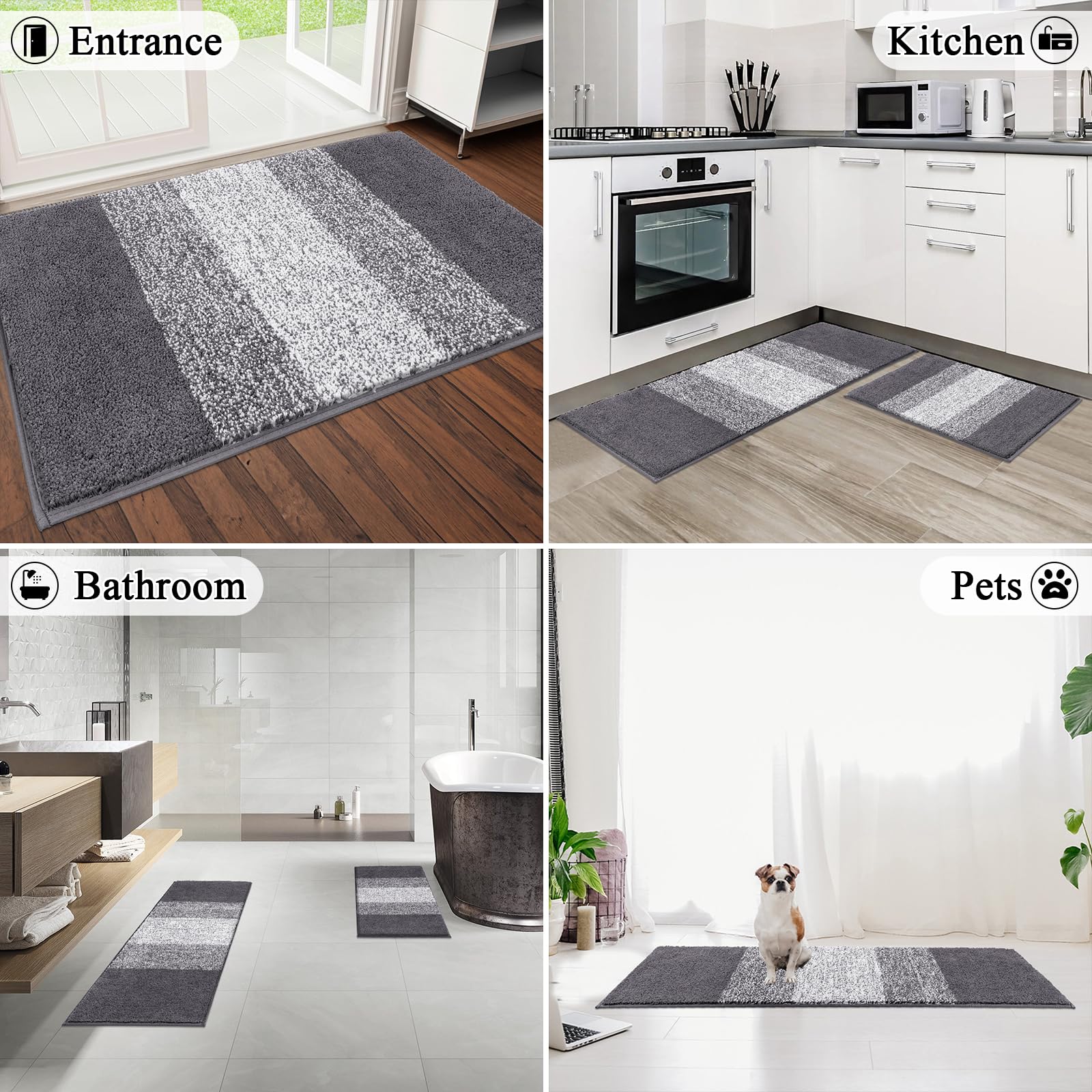 Luxury Soft Bathroom Rugs Set of 2 - Non-Slip Washable Plush Bath Mats, Super Absorbent Microfiber Shaggy Striped Carpet for Tub, Shower & Bathroom (18
