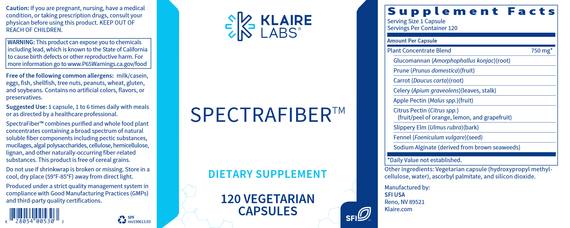 Klaire Spectrafiber Dietary Supplement - 120 Capsules | Digestive Health & Gut Support | Prebiotic Fiber for Daily Wellness & Detox