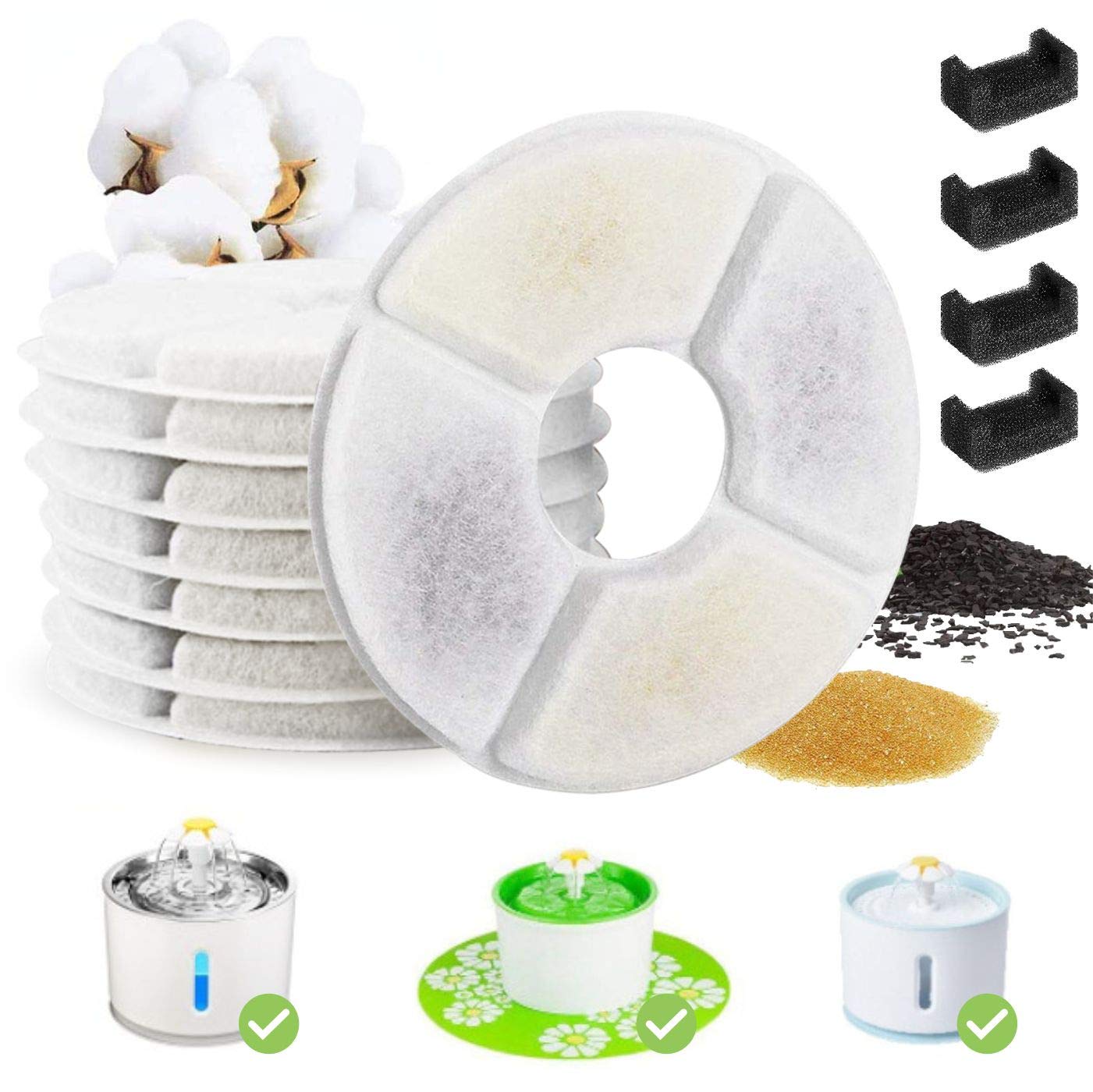 8 Pack Carbon Replacement Filters & 2 Pack Foam Filters for 54oz/1.6L Automatic Pet Water Fountain - Compatible with Round Flower Cat & Dog Water Dispenser - Keep Water Fresh - Perfect for Home, Office, or Travel Use