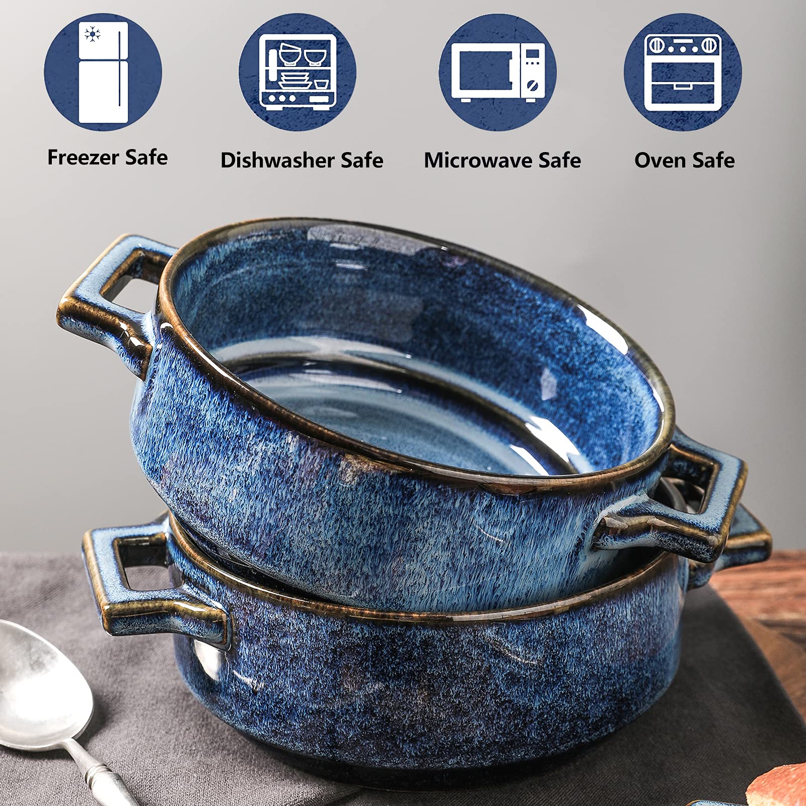 Vicrays 24oz Ceramic Soup Bowls with Handles - Set of 4 Microwave & Oven Safe Porcelain Crocks for French Onion Soup, Beef Stew, Pasta, Cereal | Perfect for Family Dinners, Restaurant Serving & Meal Prep (Blue)