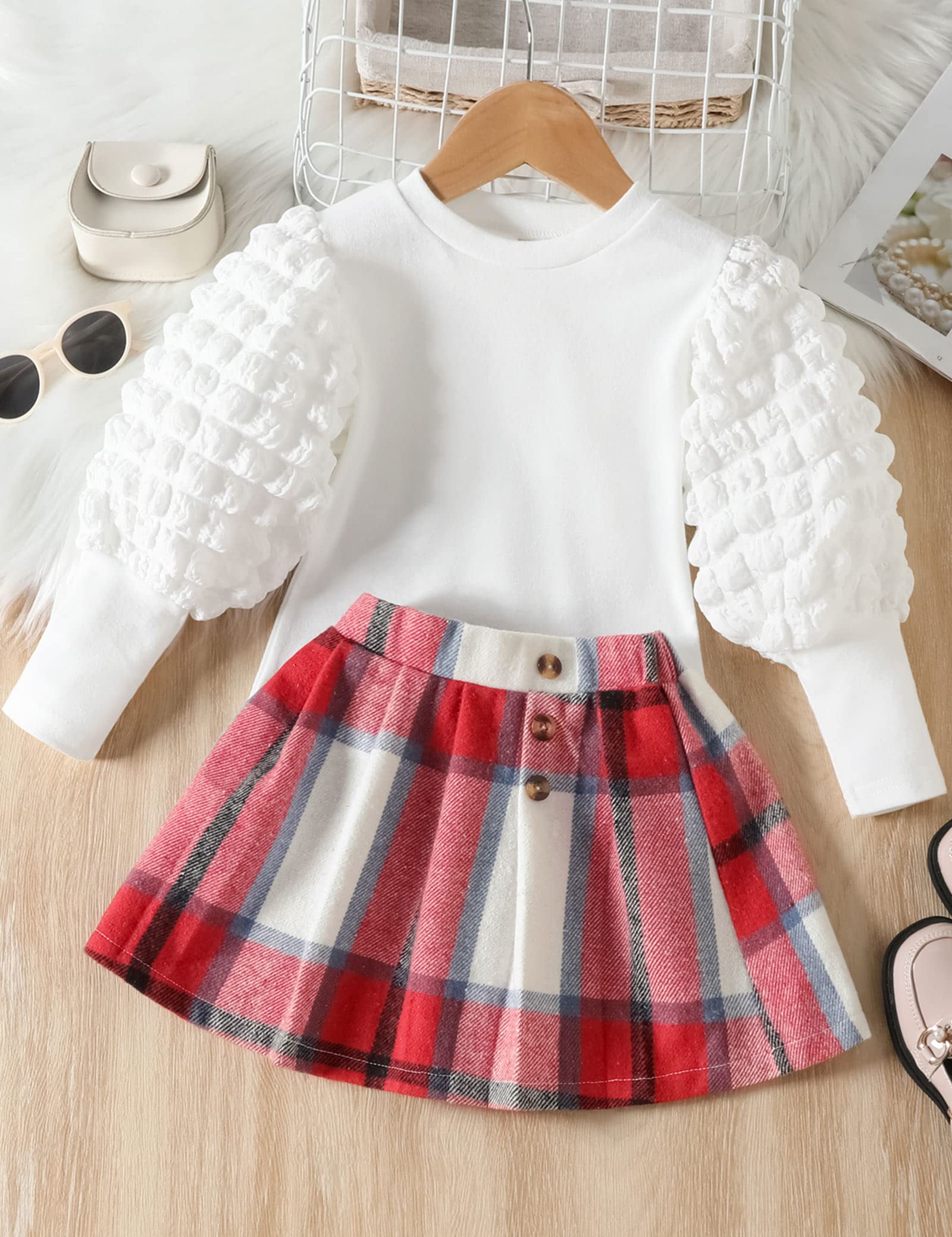 Toddler Girl Outfit Set - Puff Sleeve Top & Plaid Pleated Skirt 2-Piece Winter Clothes for Baby Girls | Fall & Winter Fashion, Holiday Dresses, Birthday Party Outfits