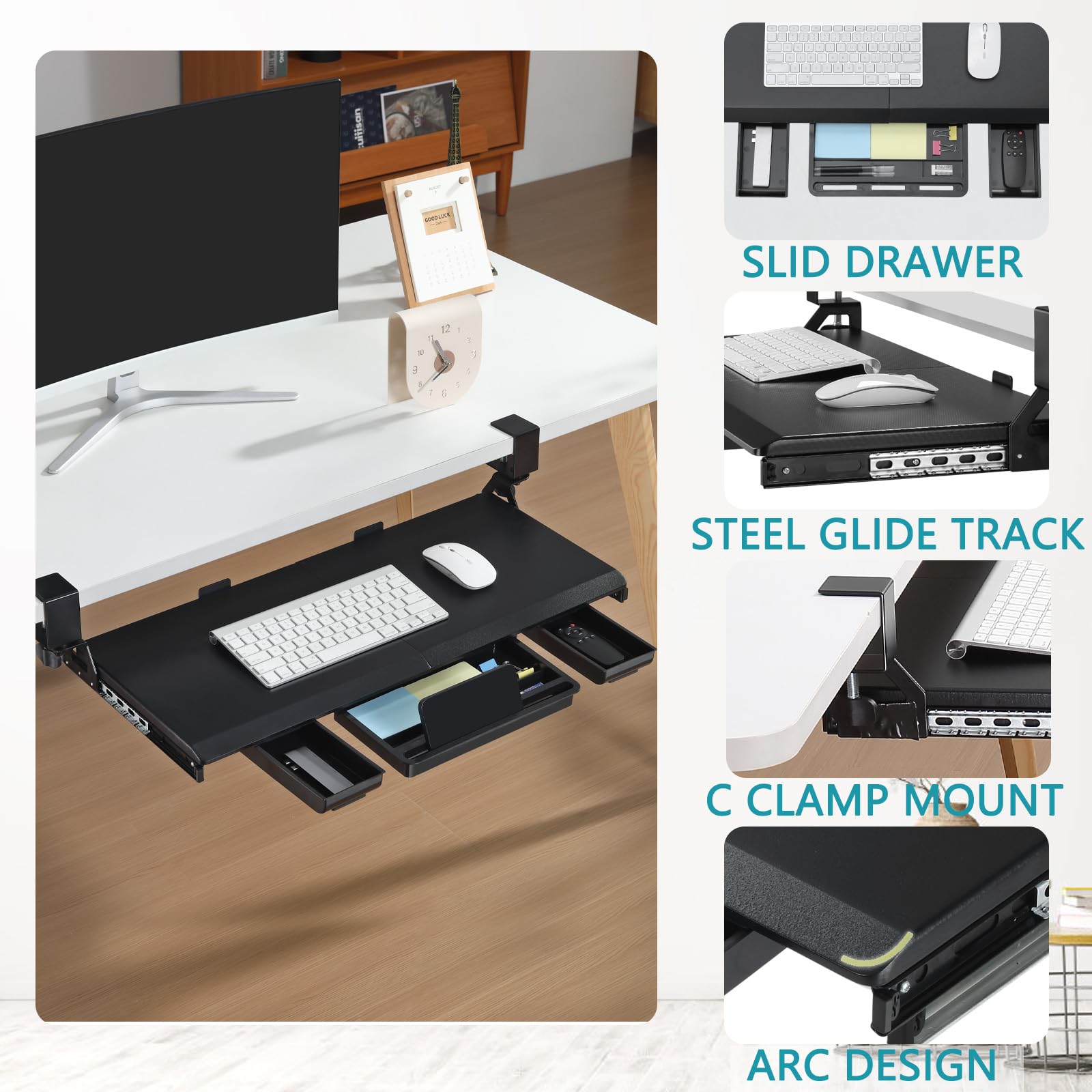 Ergonomic Under Desk Keyboard Tray with C-Clamp - Slide Out Pull Out Keyboard & Mouse Platform for Home Office Workstation (Black) | Perfect for Computer Desks, Gaming Setups & Workspace Organization