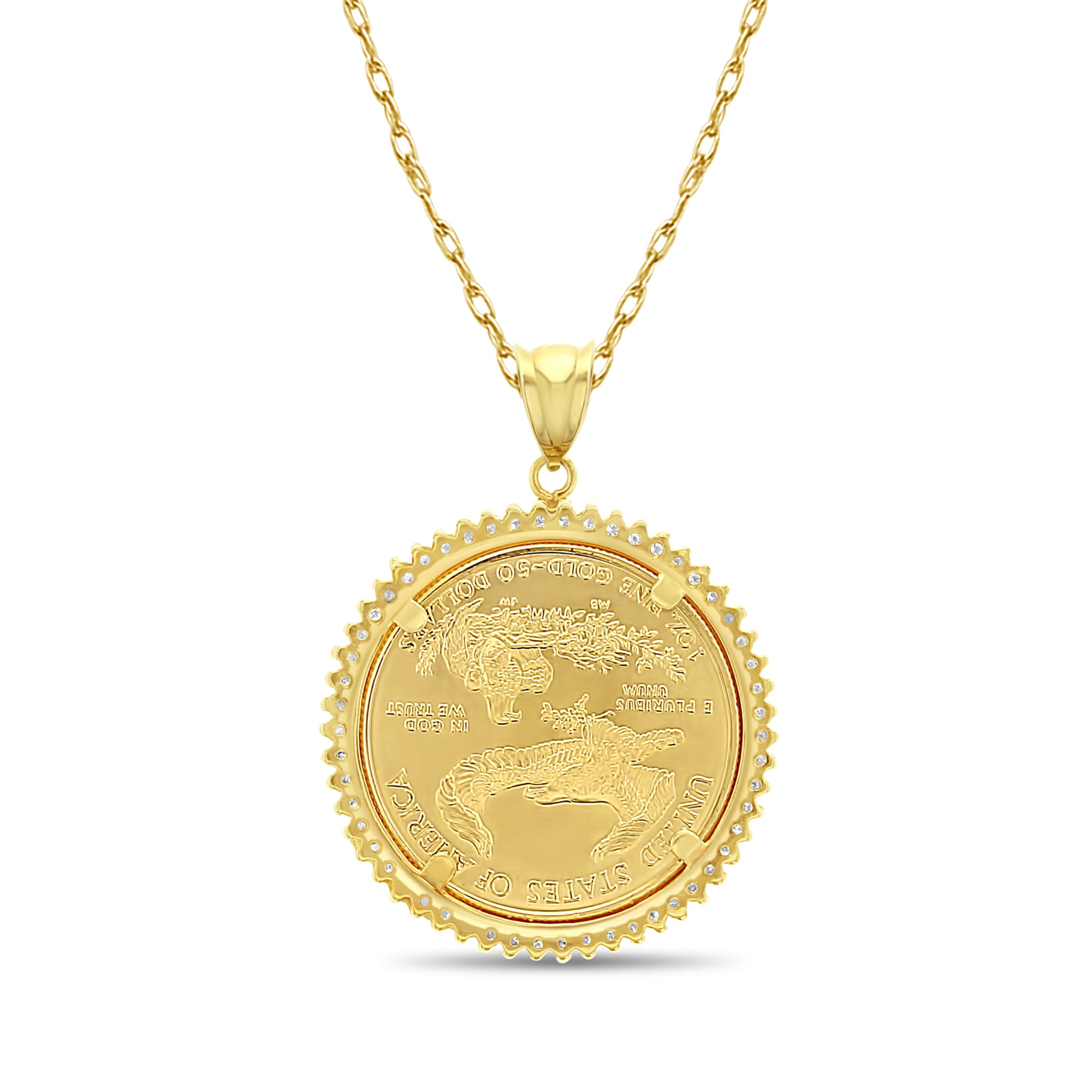 1OZ Fine Gold Lady Liberty Medallion Necklace with 1.10cttw Diamond Halo - Elegant Jewelry for Women, Luxury Gift for Anniversary, Birthday & Special Occasions
