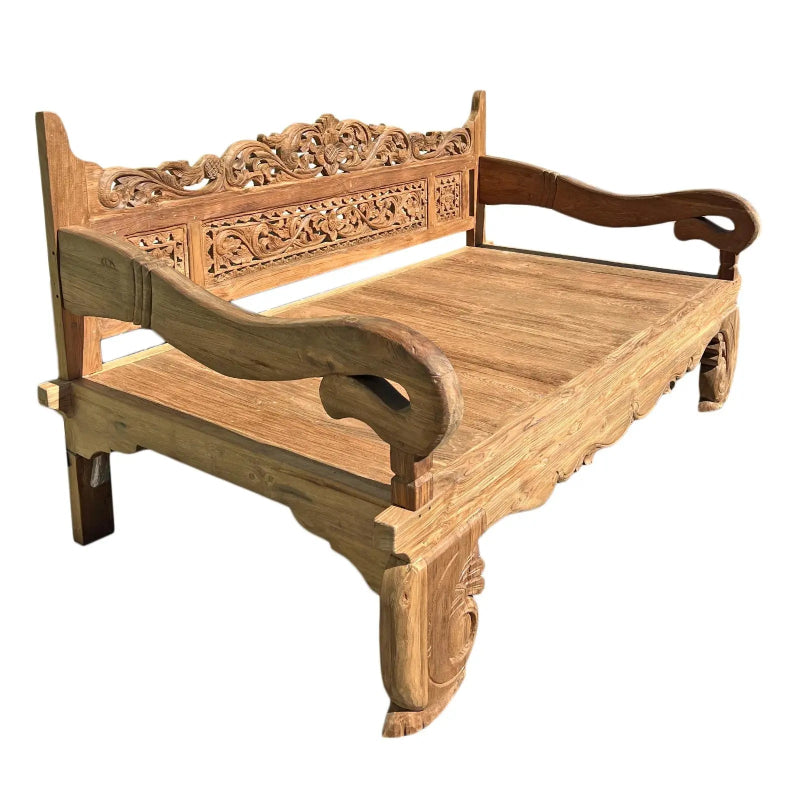 Hand Carved Solid Wood Daybed Bench - Natural Wooden Sofa Bed for Living Room, Bedroom, or Outdoor Patio - Perfect for Lounging, Napping, and Extra Seating