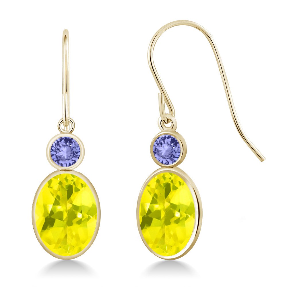 3.44 Ct Oval Canary Mystic Topaz & Blue Tanzanite 14K Yellow Gold Dangle Earrings with Fish Hook French Wire - Elegant Jewelry for Women, Perfect for Parties, Weddings & Special Occasions