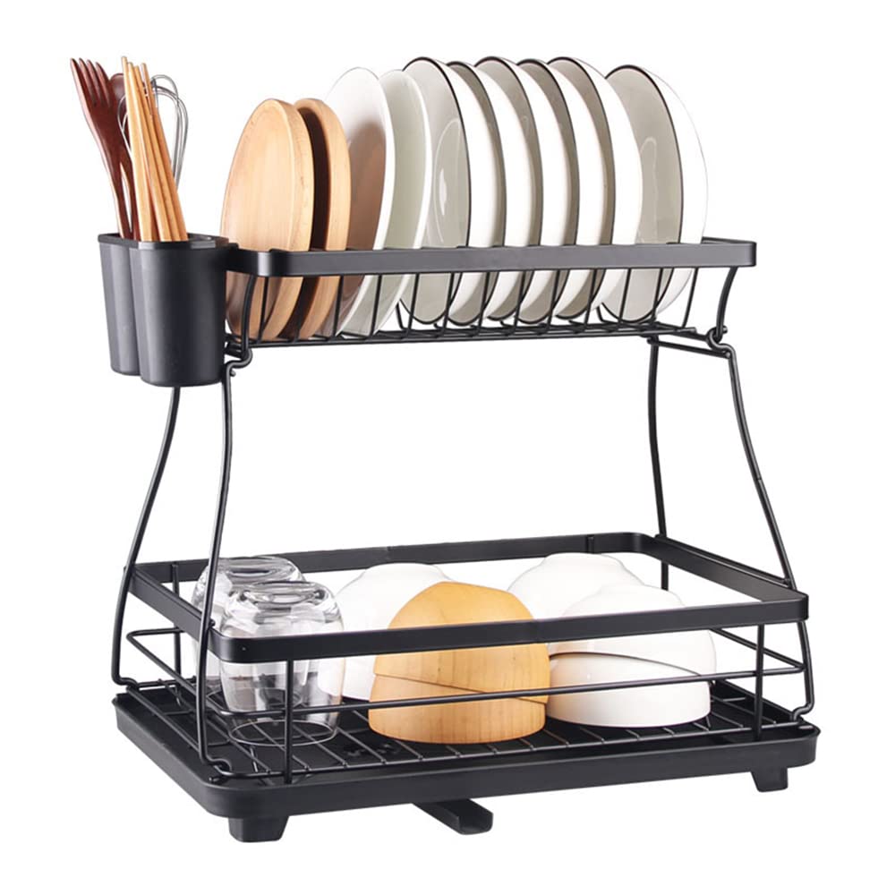 2-Tier Stainless Steel Dish Drying Rack with Drainboard - Space Saving Kitchen Countertop Organizer with Cup & Utensil Holders - Rustproof Dish Drainer for Small Spaces - Perfect for Apartments, Dorms & Compact Kitchens