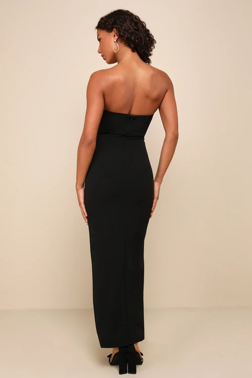 Elegant Black Strapless Ruffled Maxi Dress for Women - Formal Evening Gown for Prom, Wedding & Special Occasions