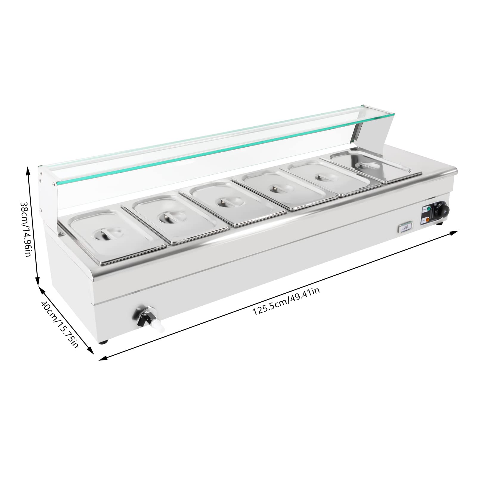 110V 6-Pan Commercial Food Warmer - 1200W Stainless Steel Electric Steam Table with Tempered Glass Shield | Professional Buffet Bain Marie for Catering, Restaurants & Banquet Halls | Ideal for Buffet Service, Food Display & Keeping Meals Warm