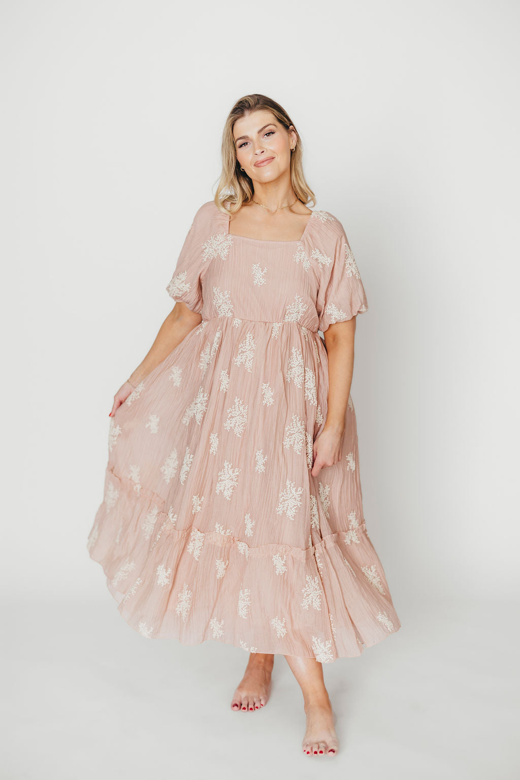 Hallie Embroidered Maxi Dress in Blush Pink - Bump Friendly Maternity Dress with Inclusive Sizing (S-3XL) | Perfect for Weddings, Baby Showers & Summer Vacations