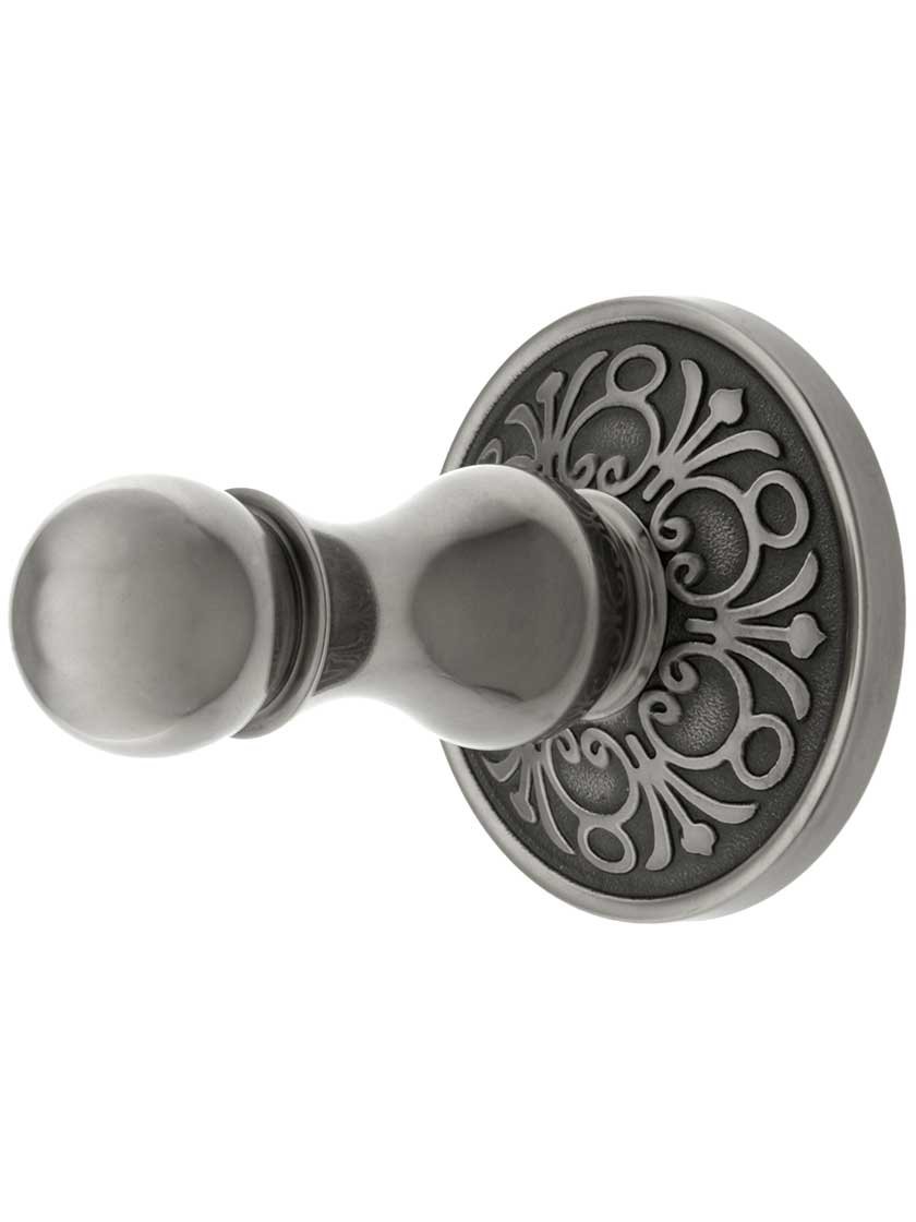 Solid Brass Single Hook Post with Lancaster Rosette in Antique Pewter - Durable Coat Hook for Entryway, Bathroom & Mudroom Organization